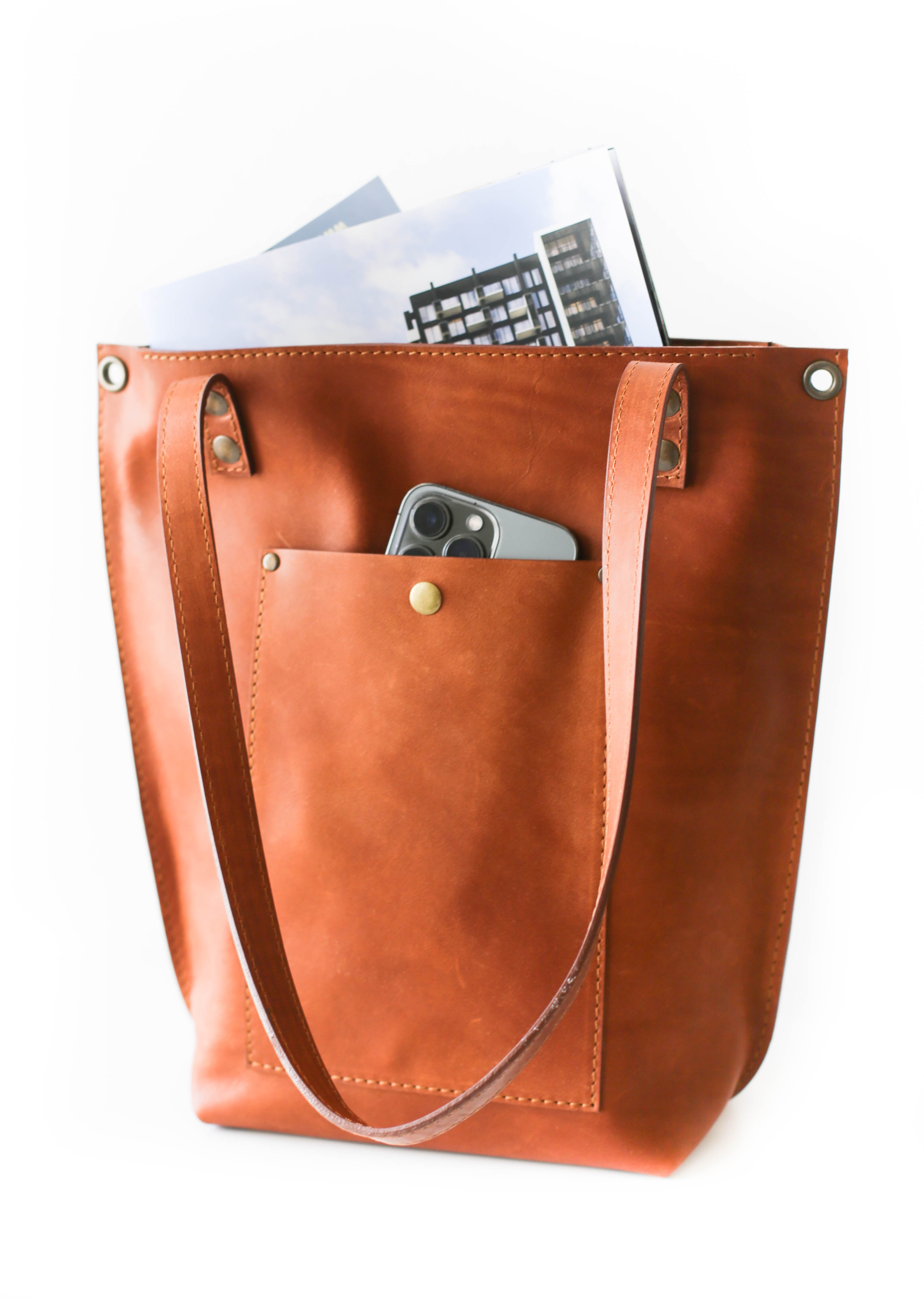 Brown Zip Top Leather Tote Bag