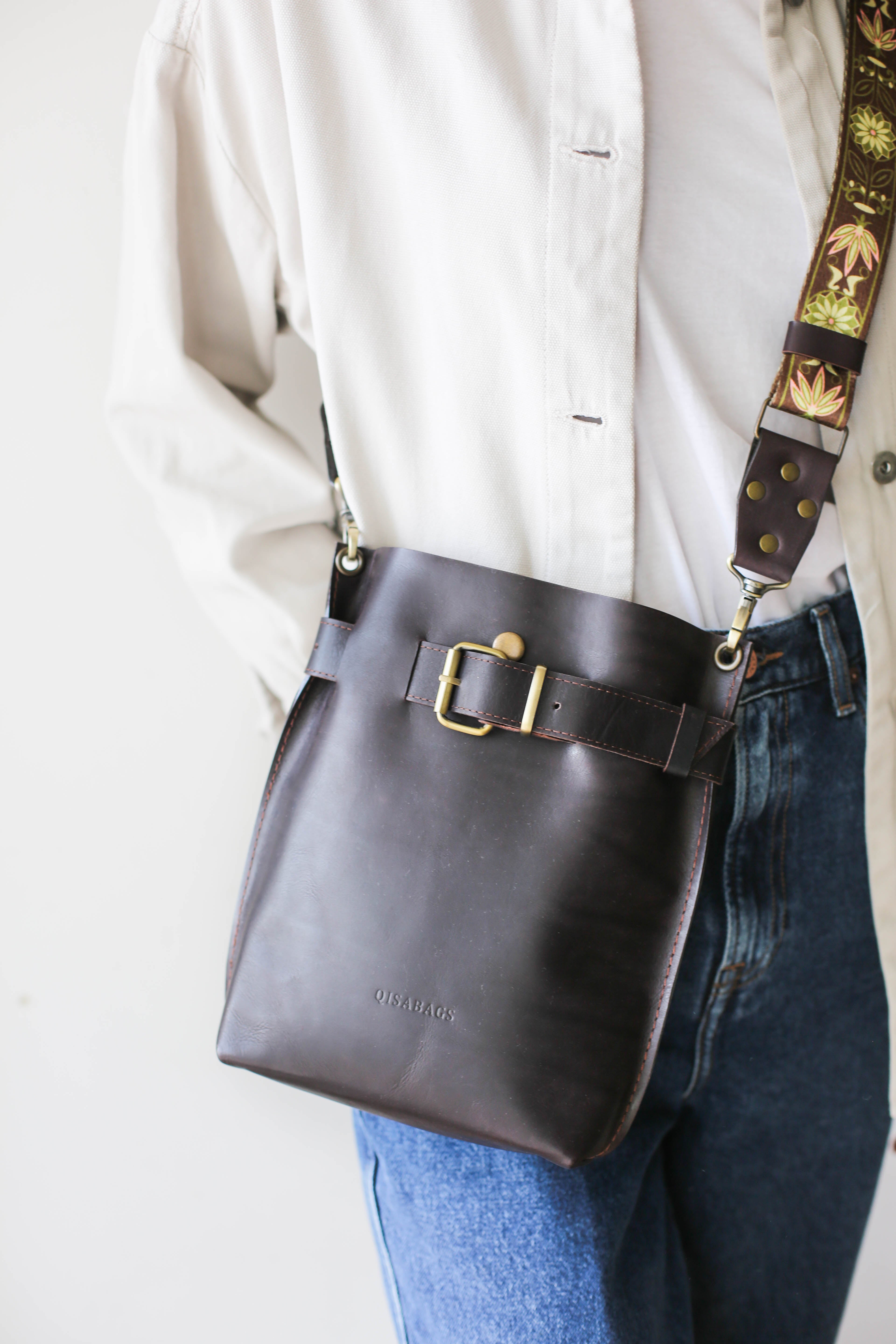 Crossbody Leather Bags w/Webbing Strap - All Colors