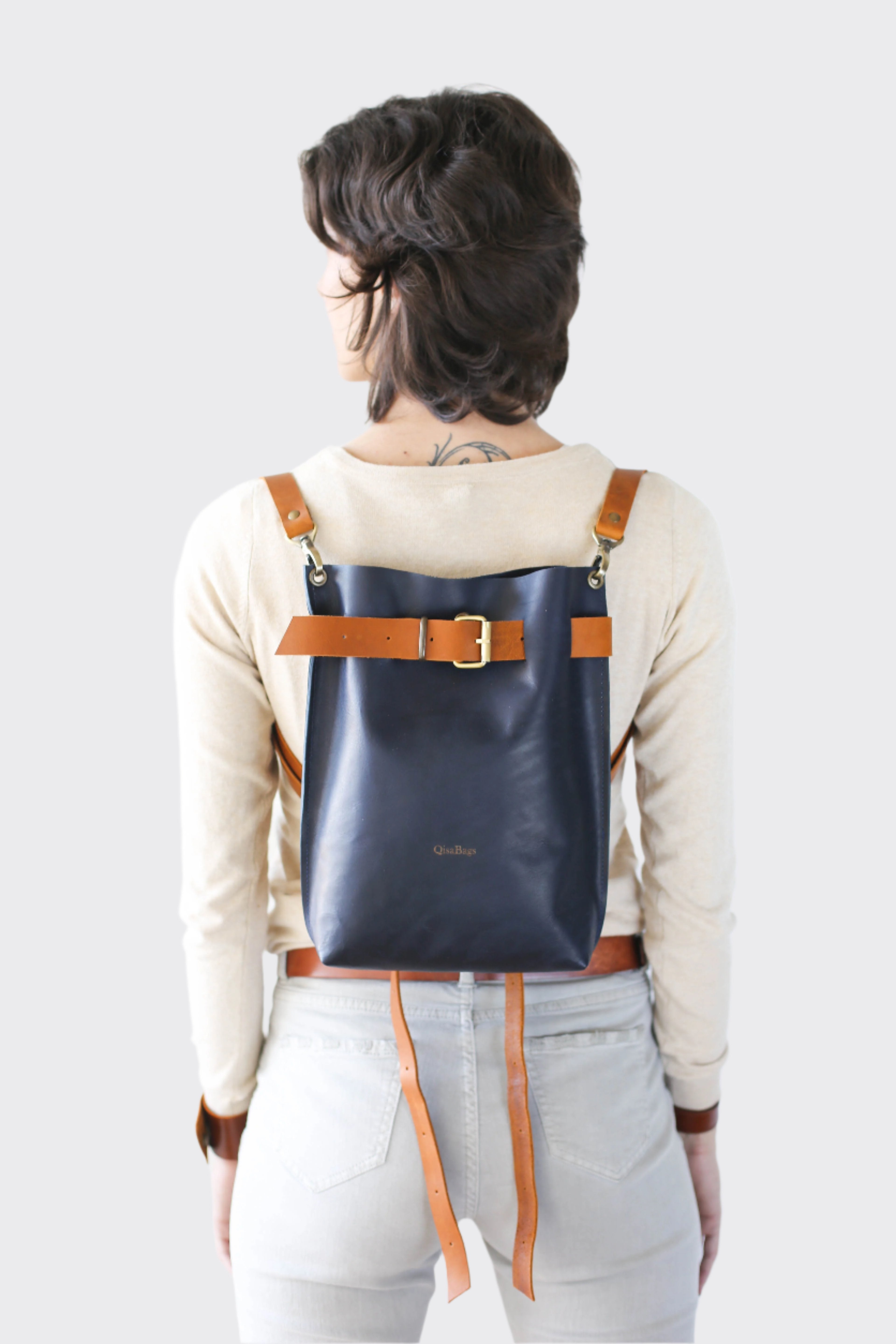 Blue Leather Backpack