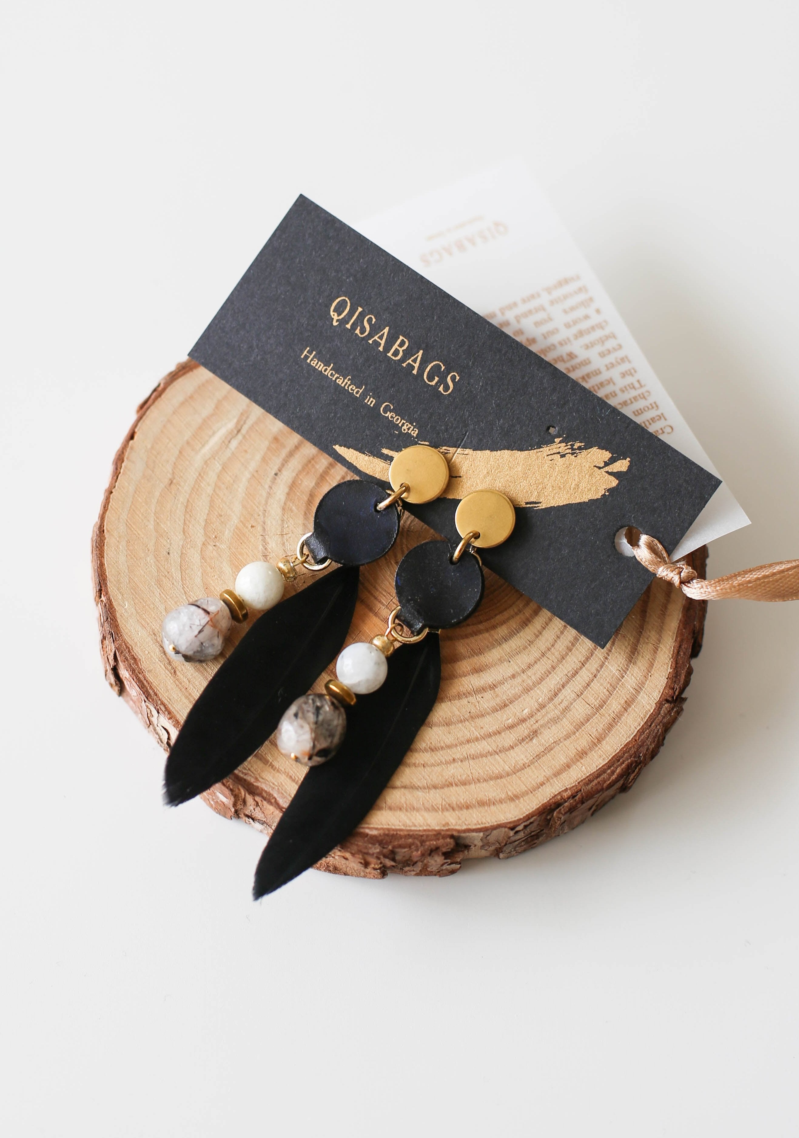 Leather Earrings with Feather and Black Quartz