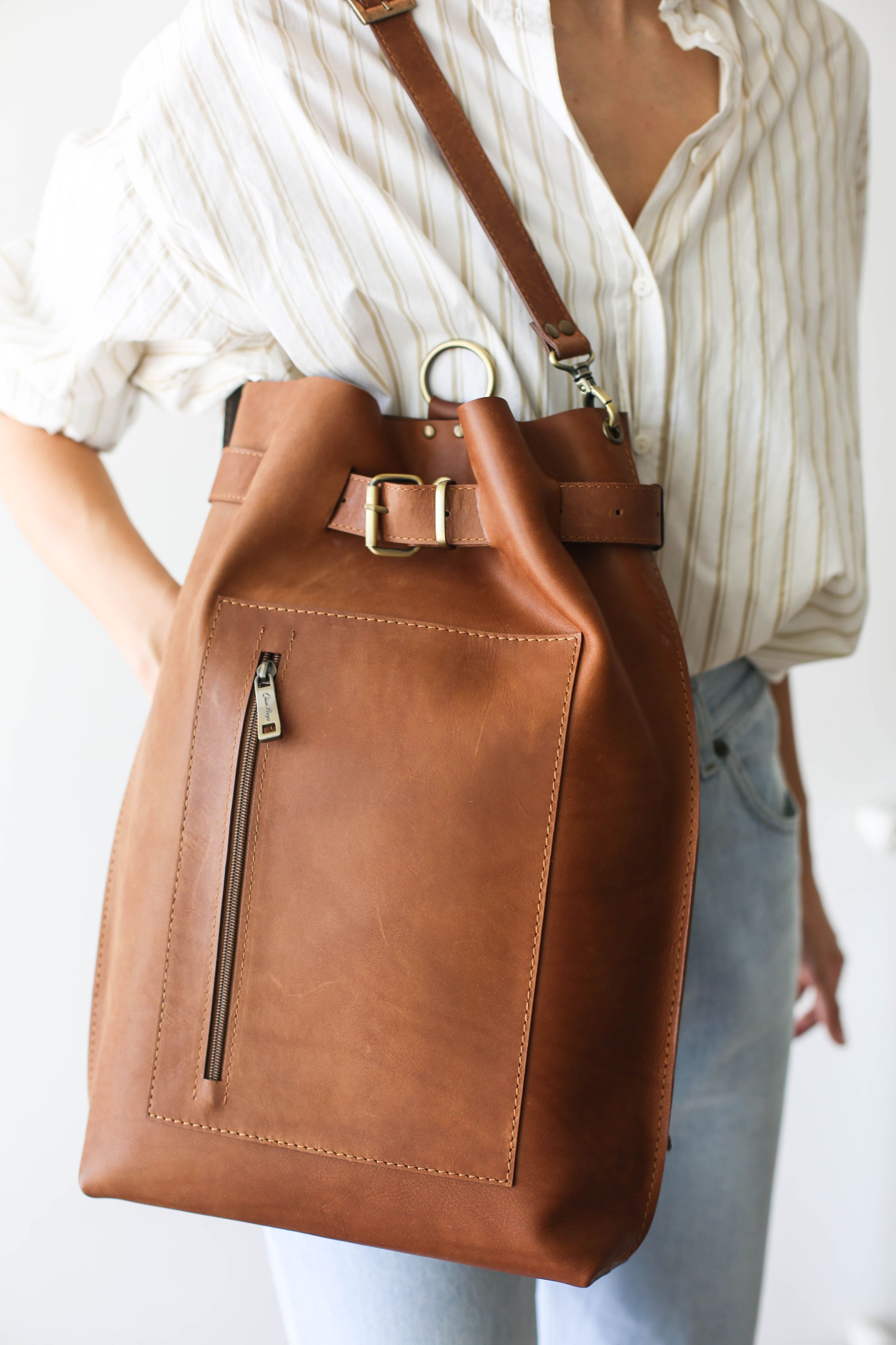 Convertible large brown leather bag for women