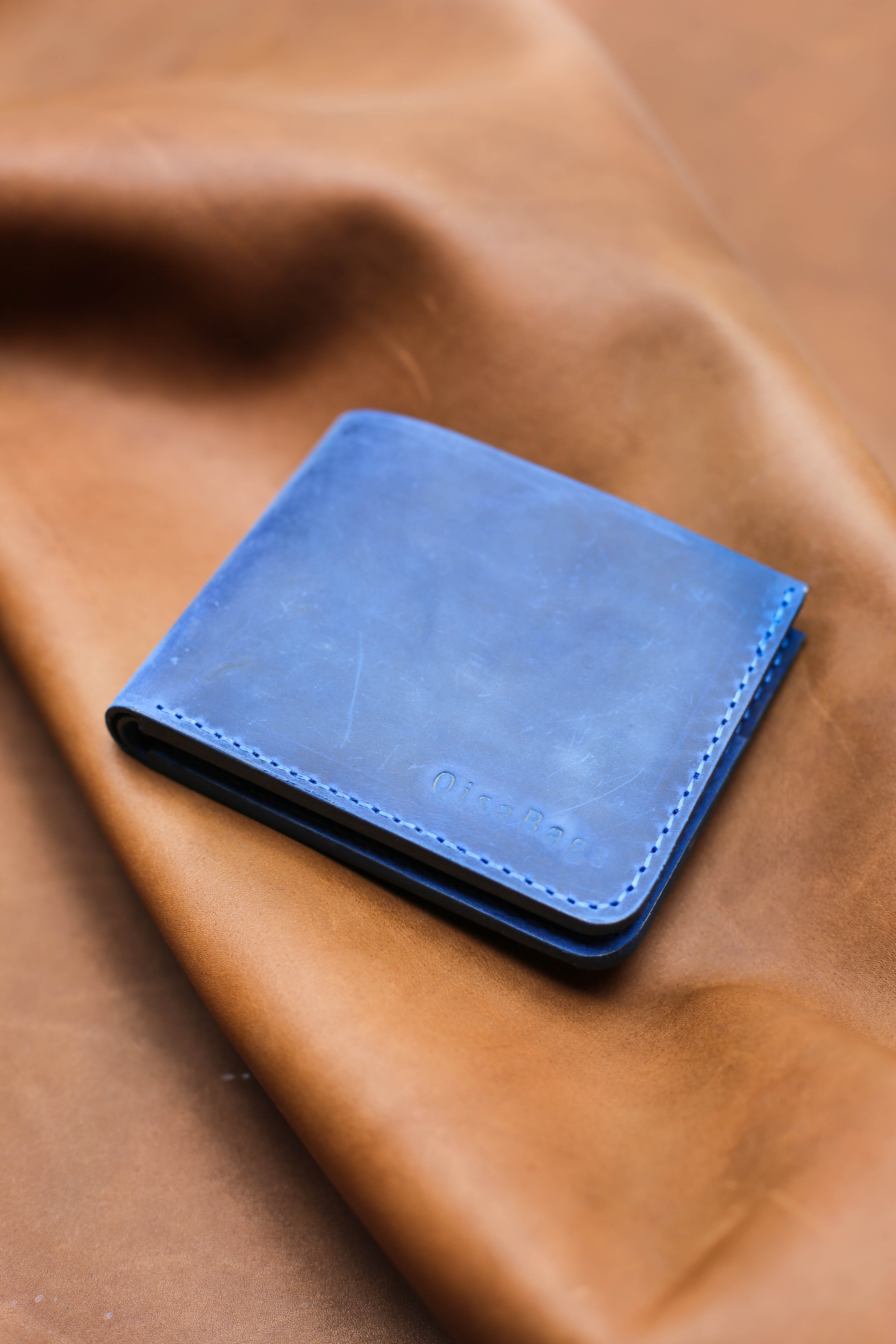 Blue Leather Wallet - Bifold Italian Wallet - QisaBags