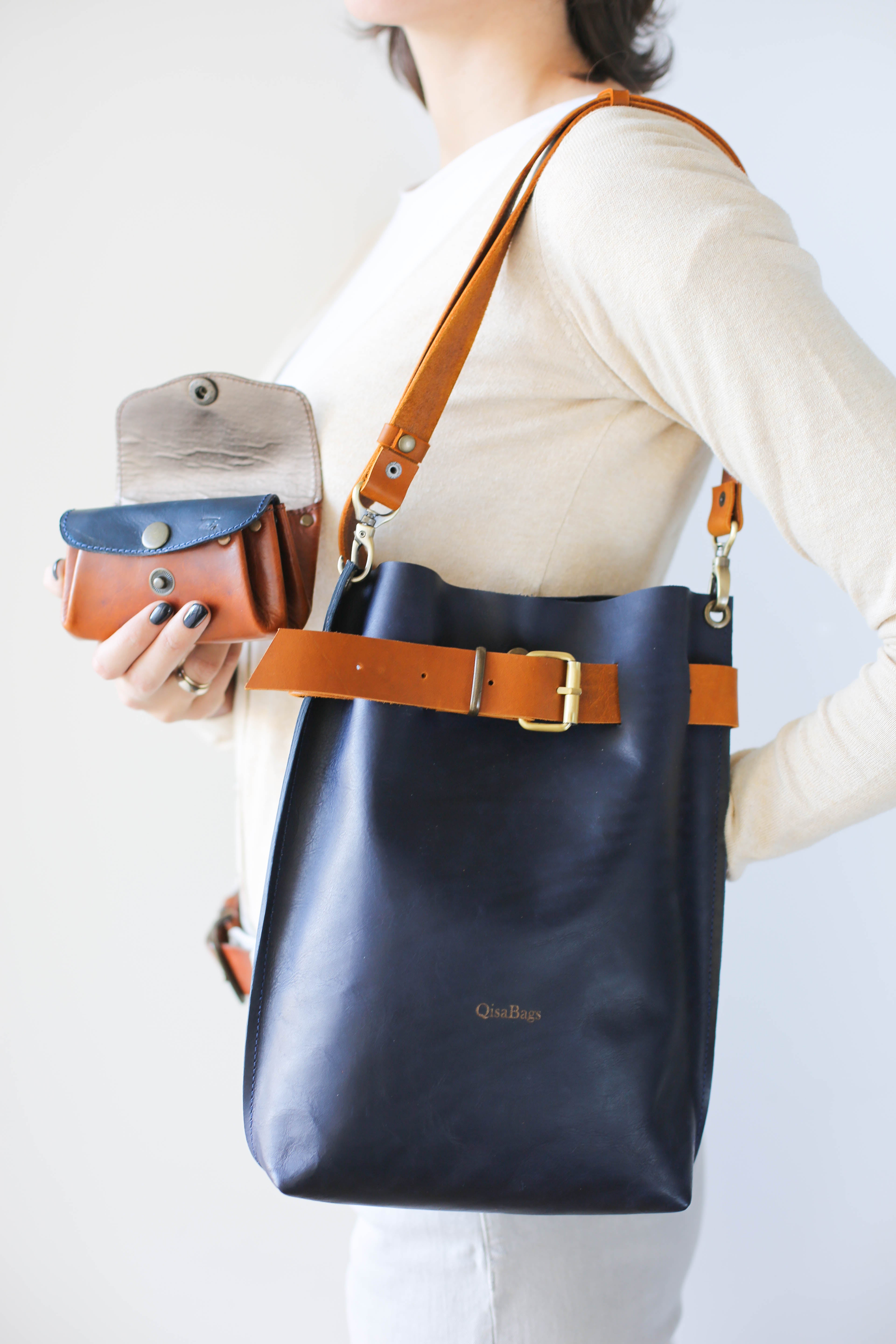 Navy Blue w/Brown Leather Bag