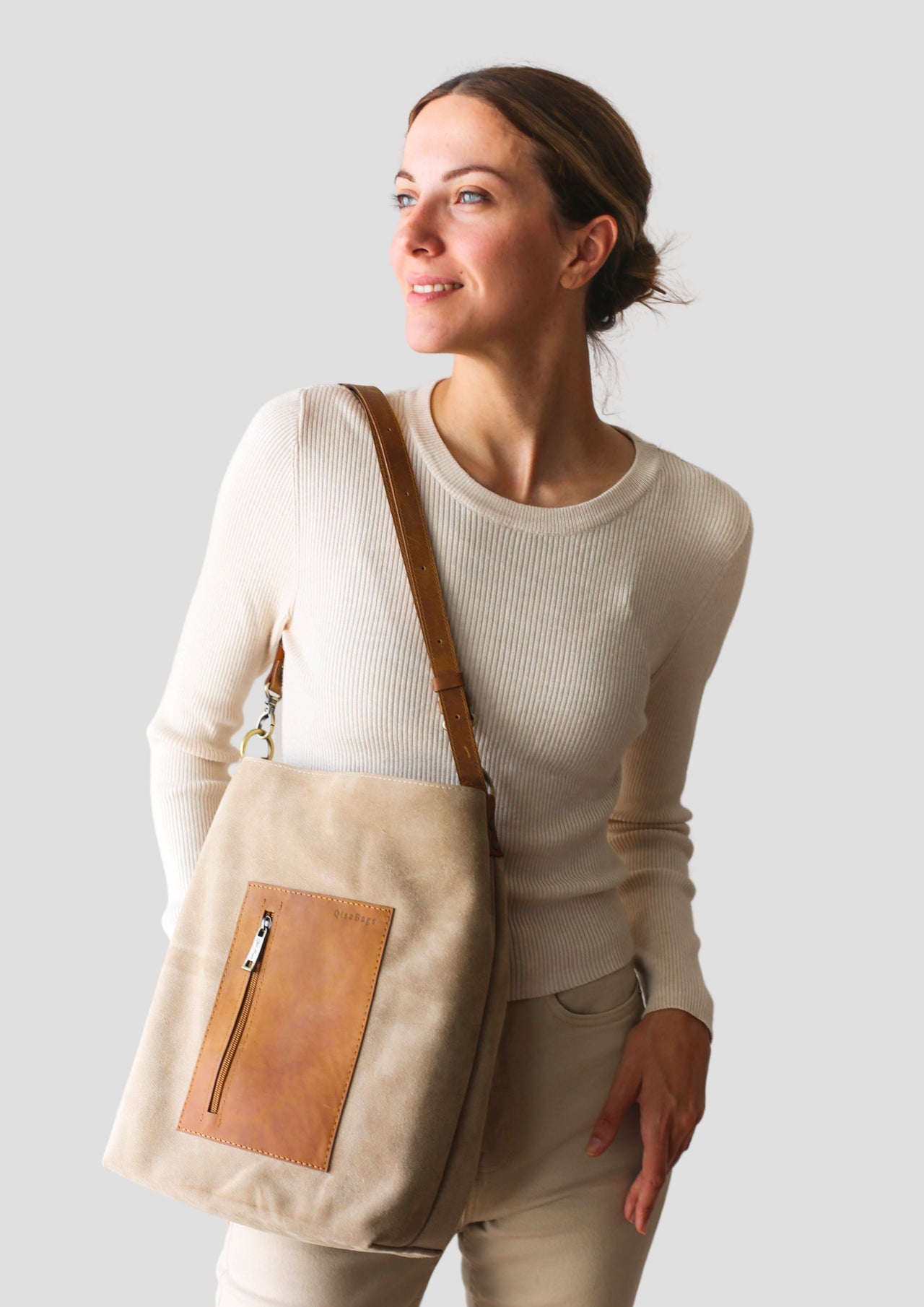 Cross body suede leather tote bag