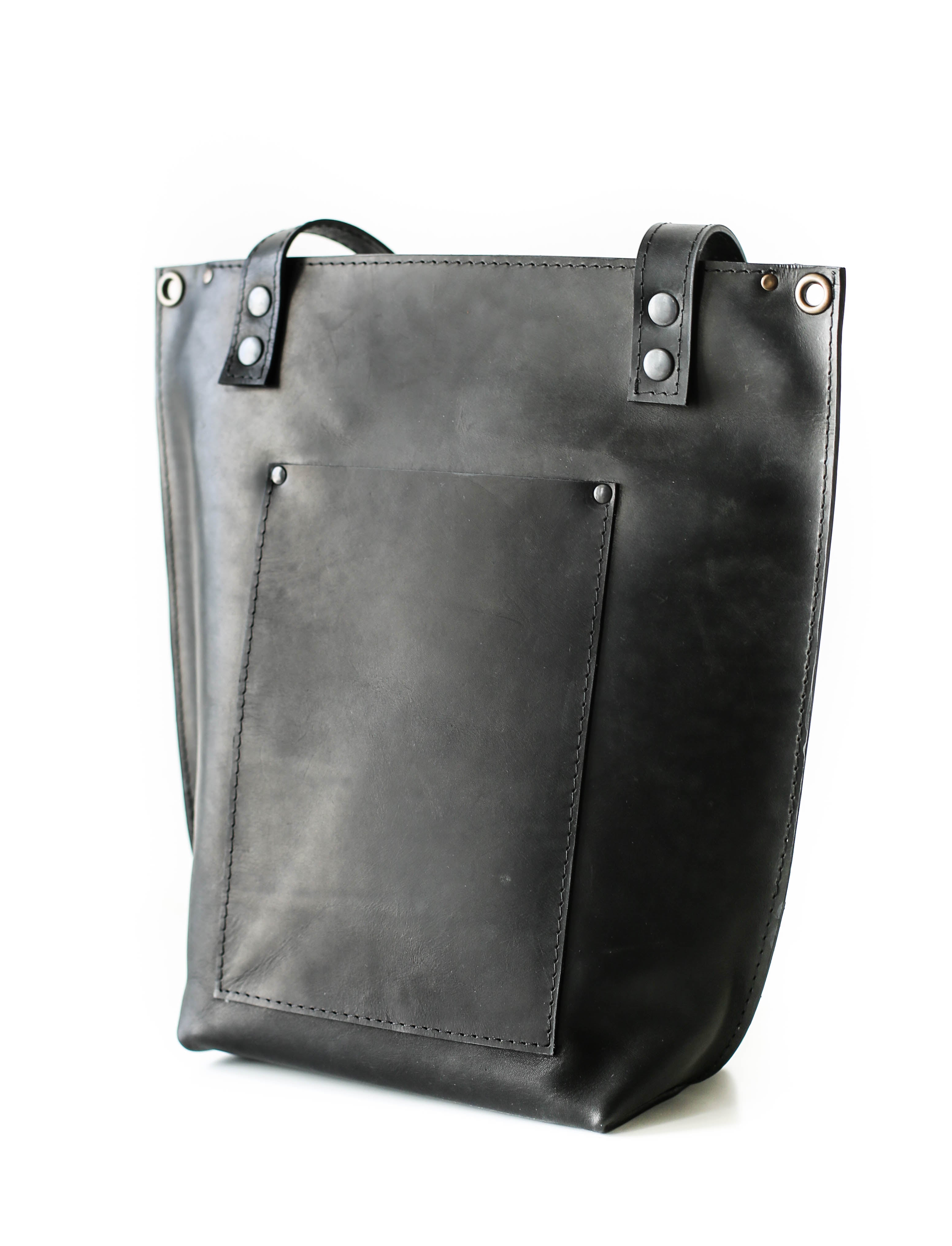 Black Zip Top Leather Tote Bag