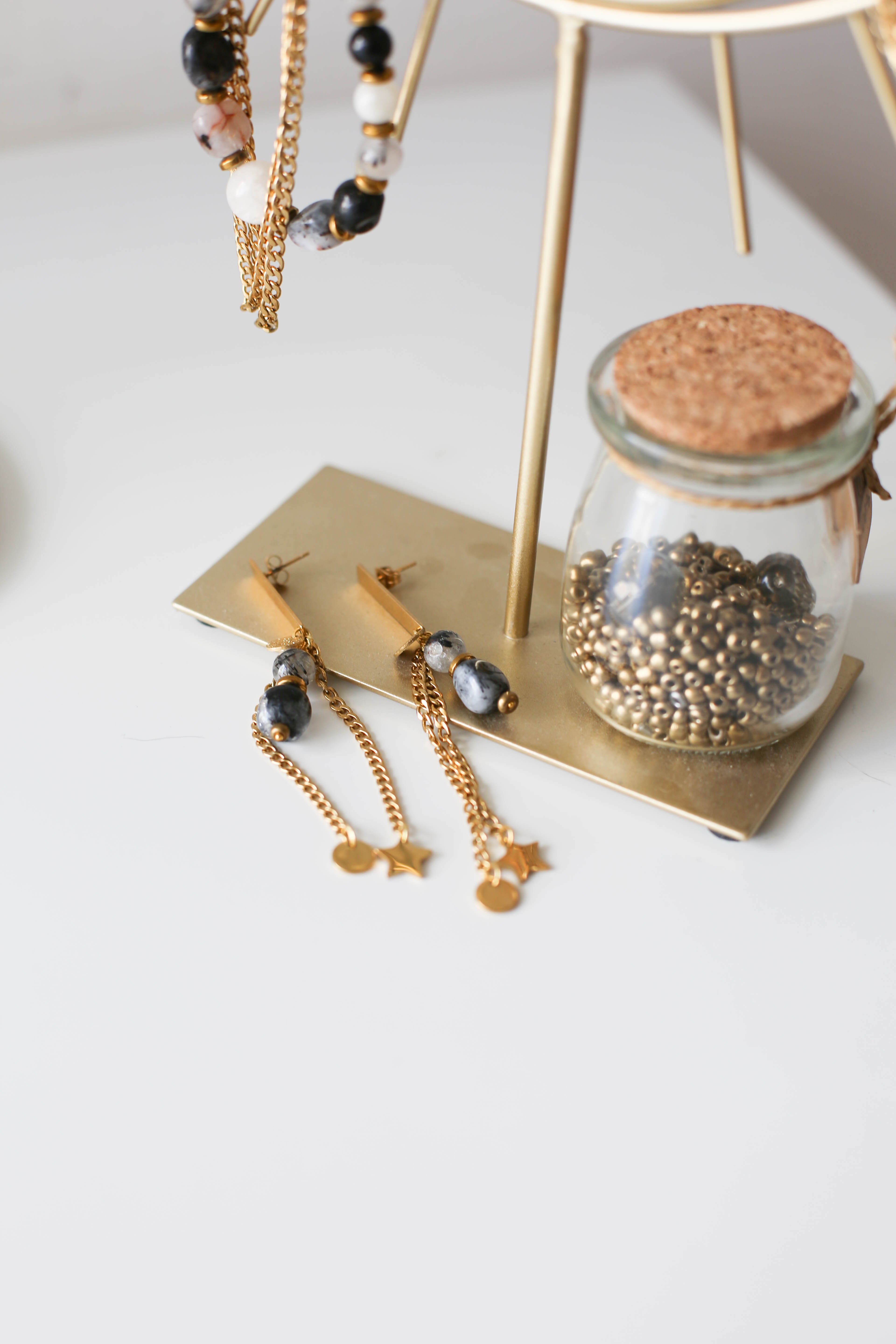 Black Quartz Dangle Bead Earrings