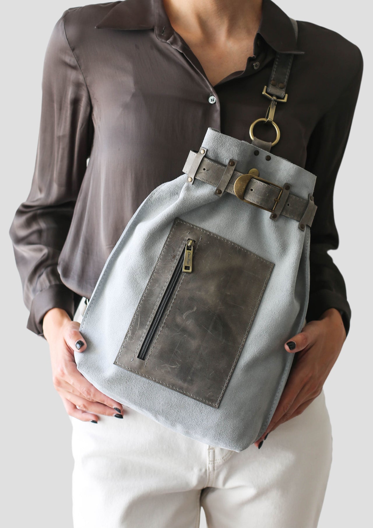 gray leather crossbody bag