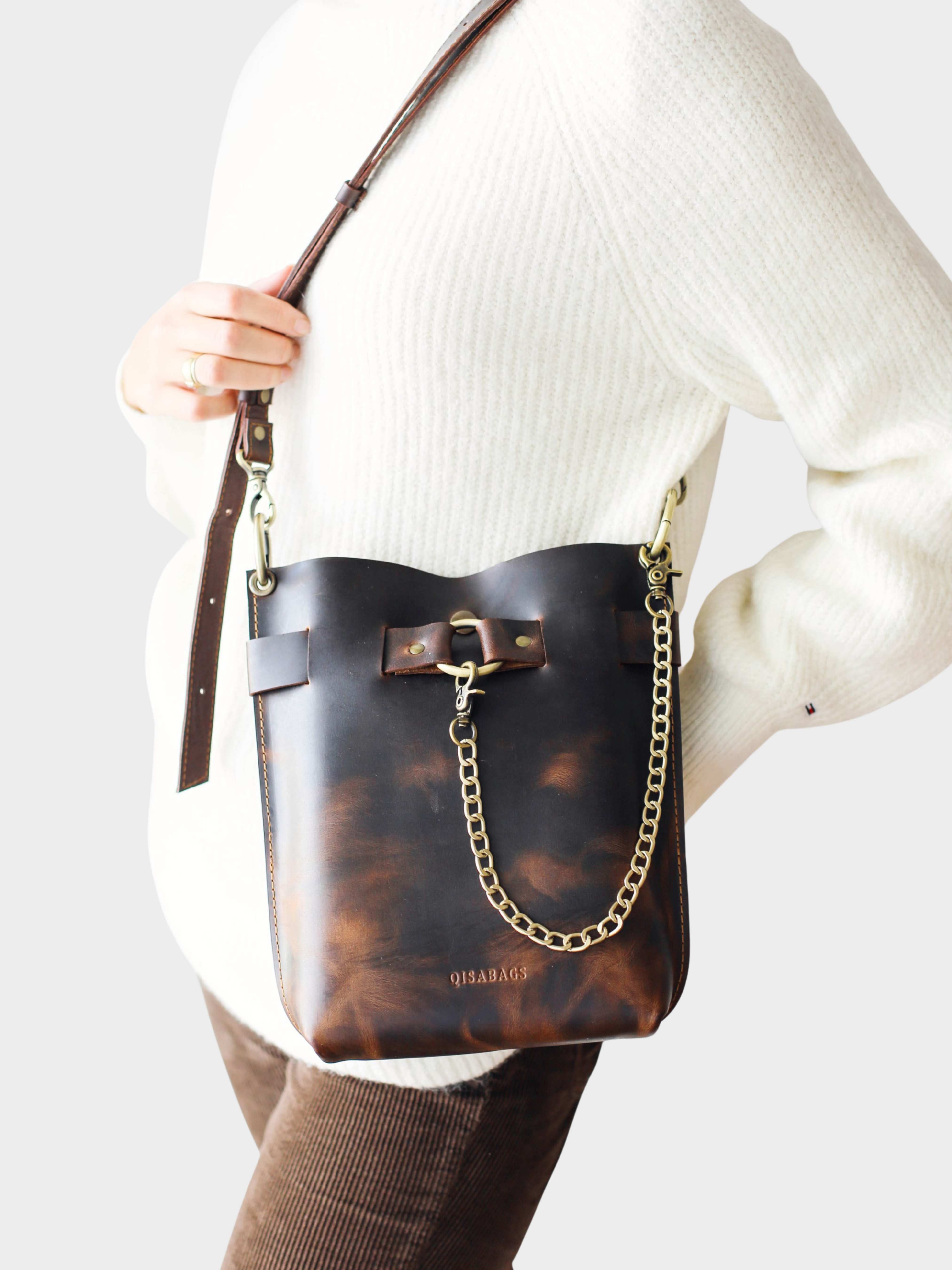 Small Dark Brown Leather Bag - "Ring Belt Edition"