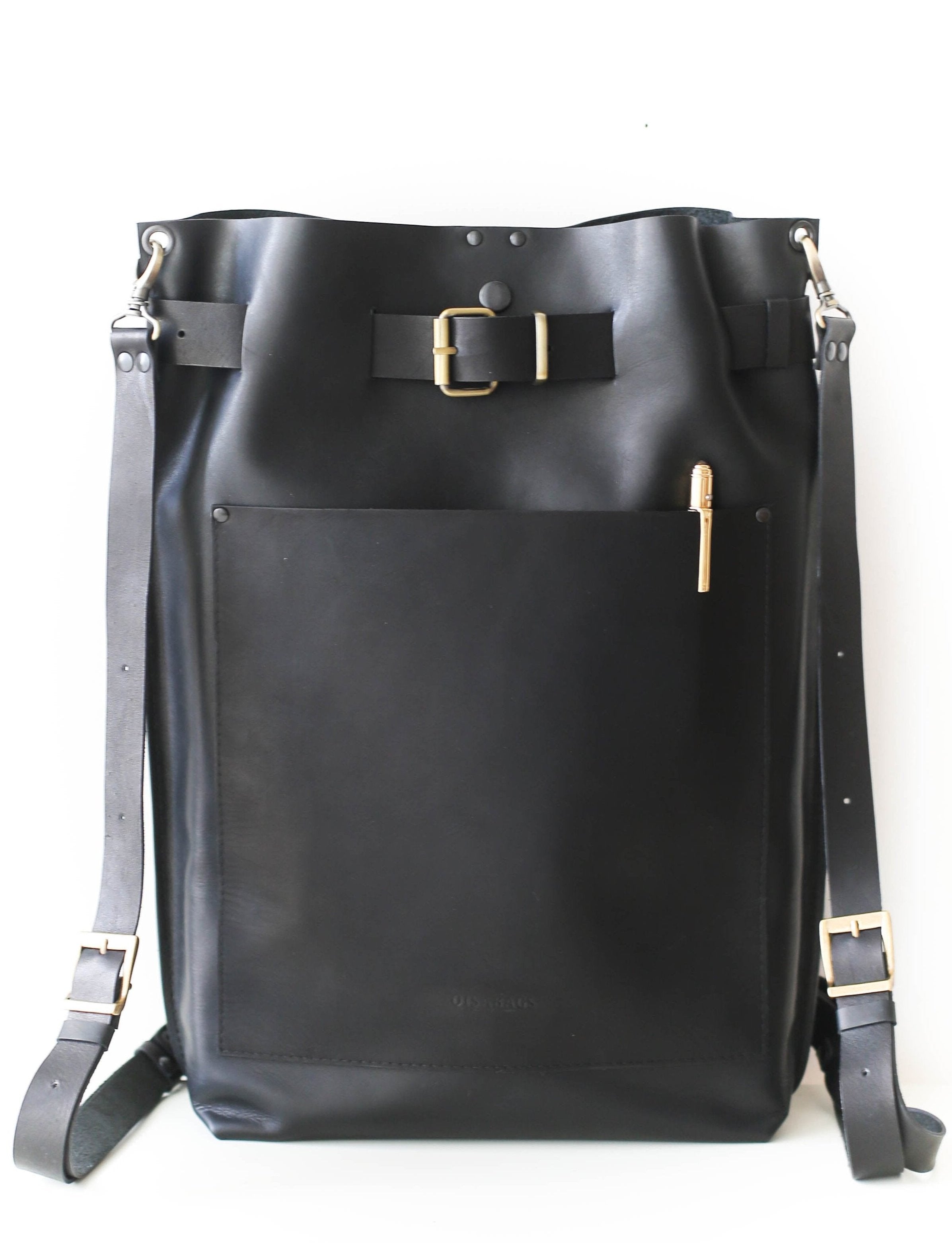 Black Large Leather Backpack w/Front Pocket