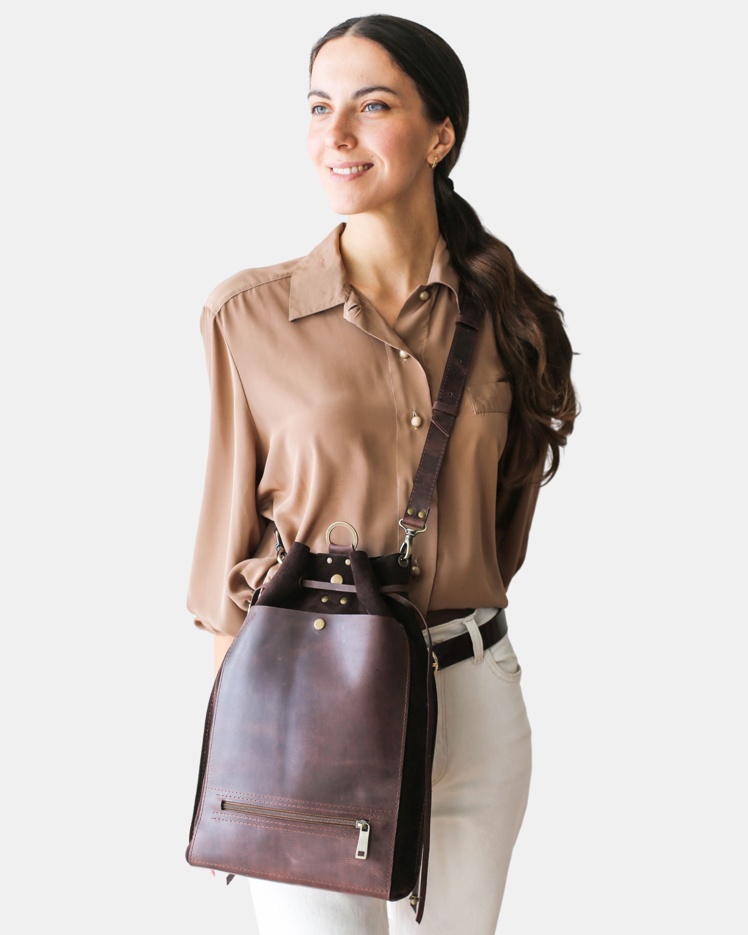 Brown Leather Backpack for Women | Suede Bag