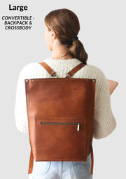 Large brown leather backpack for laptop