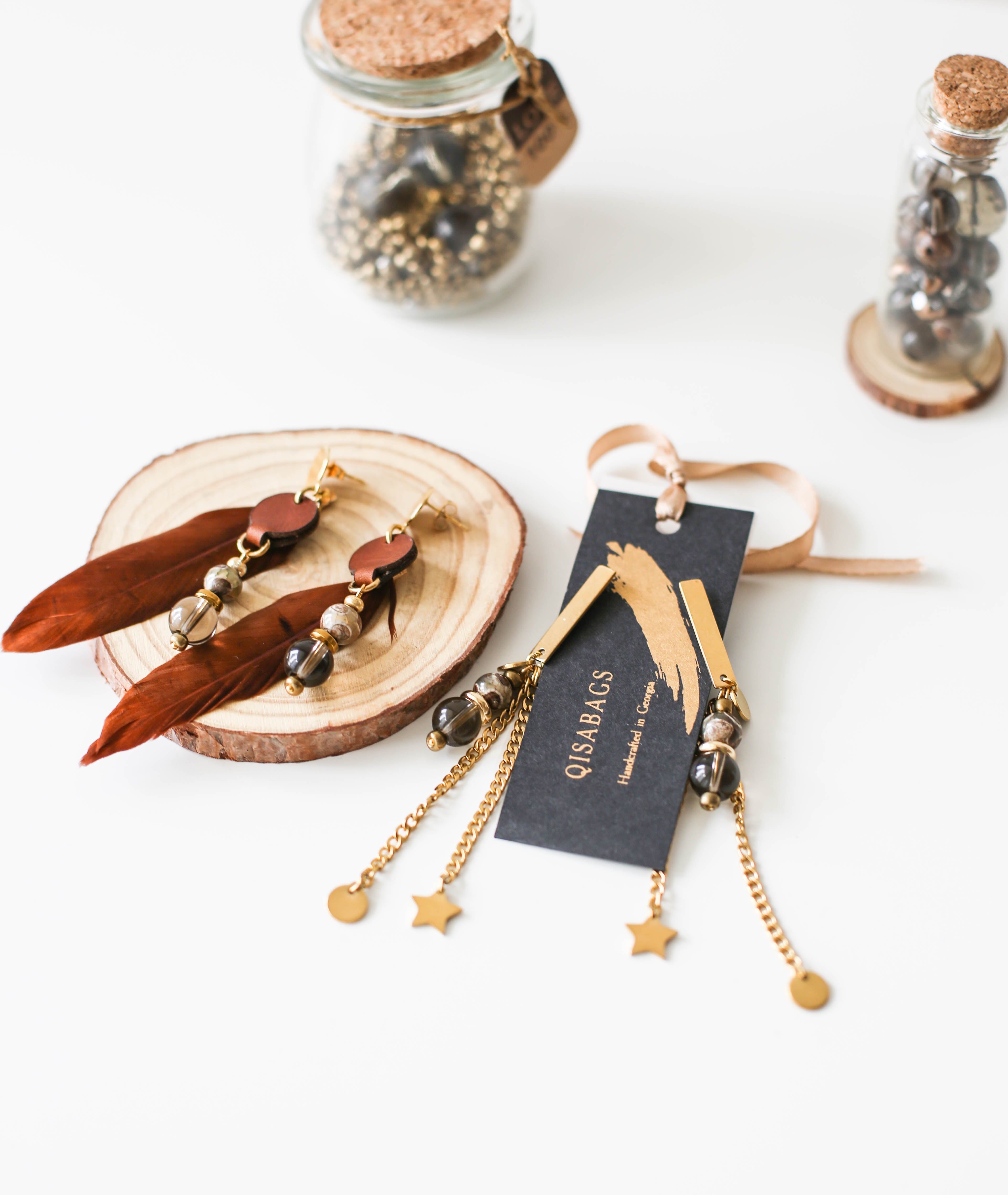 Leather Earrings with Feather and Agate