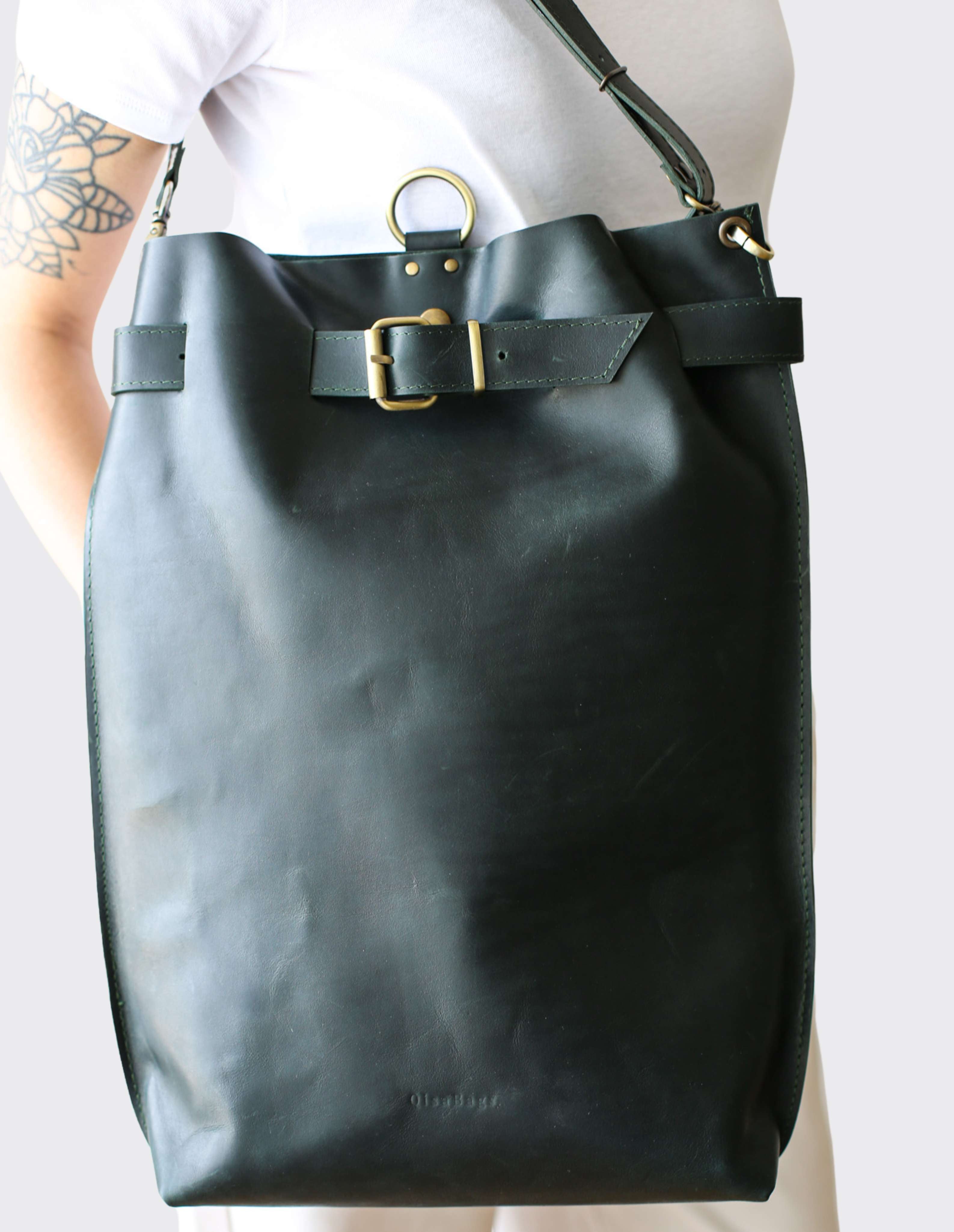 Green Large Leather Backpack Purse