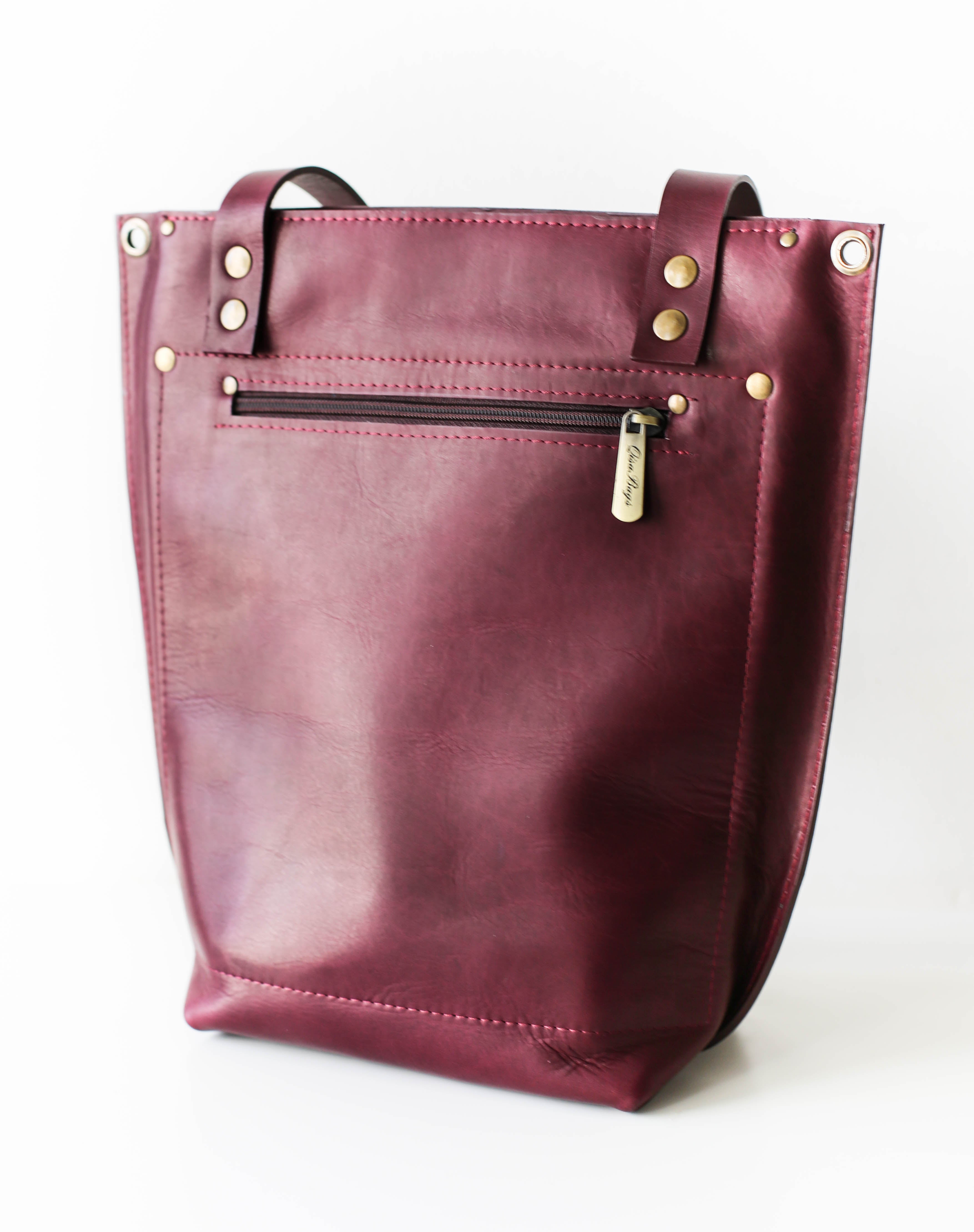 Burgundy Zip Top Leather Tote Bag