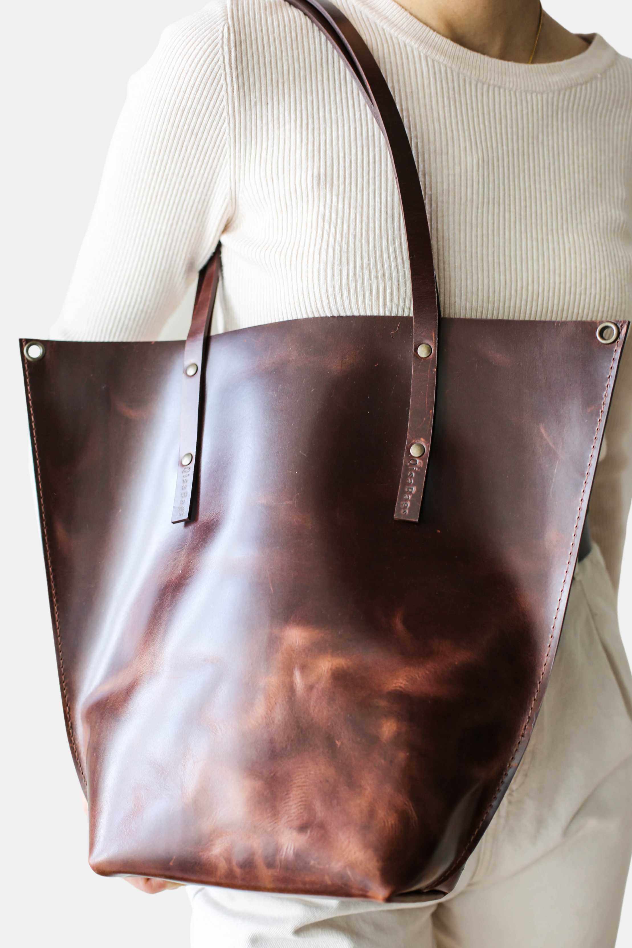 Dark Brown Leather Tote Bag - Boat