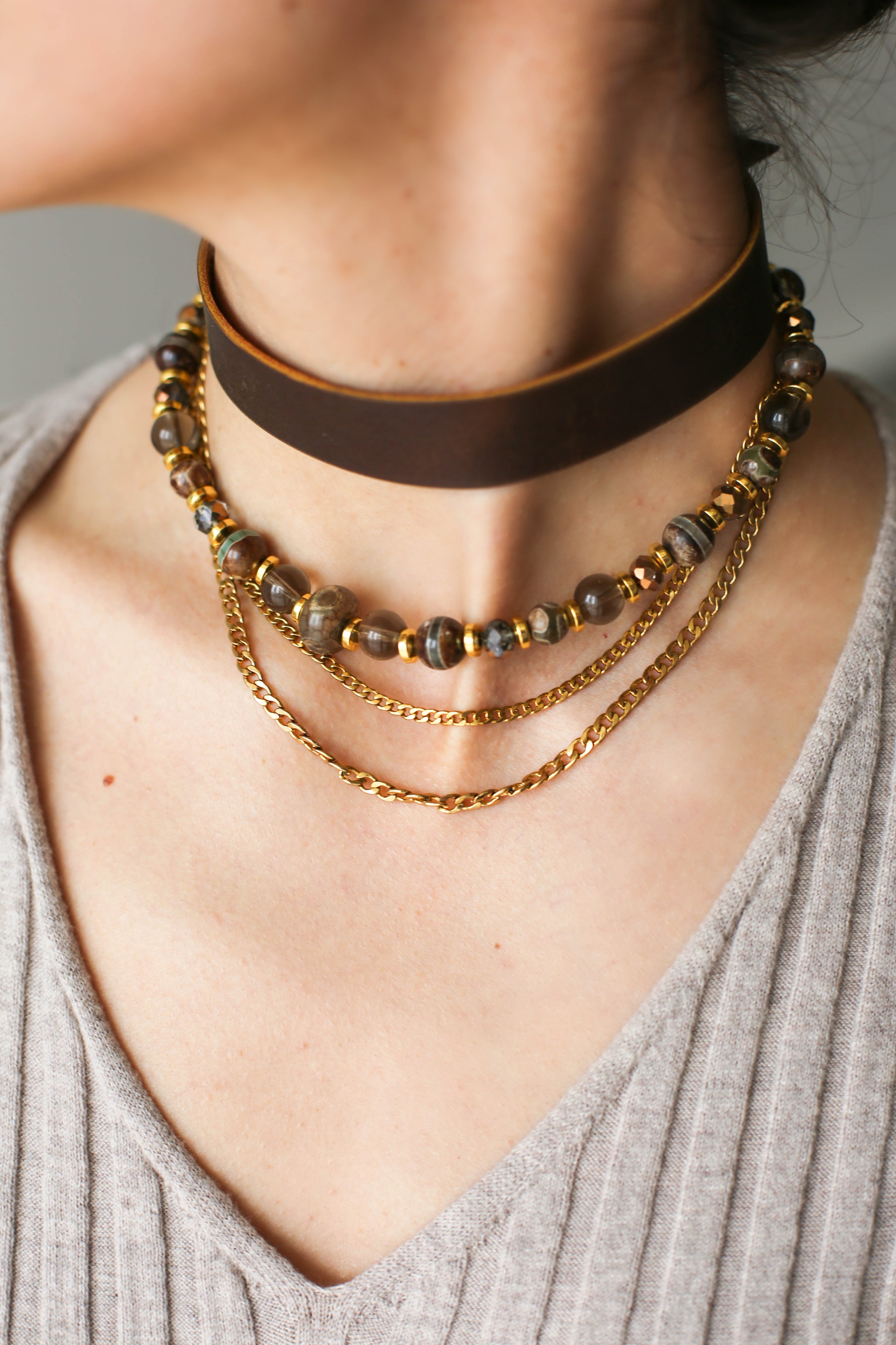 Brown Agate Leather Necklace