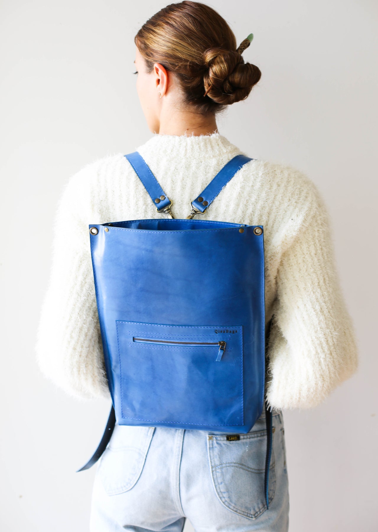 Blue Leather Zipper Backpack