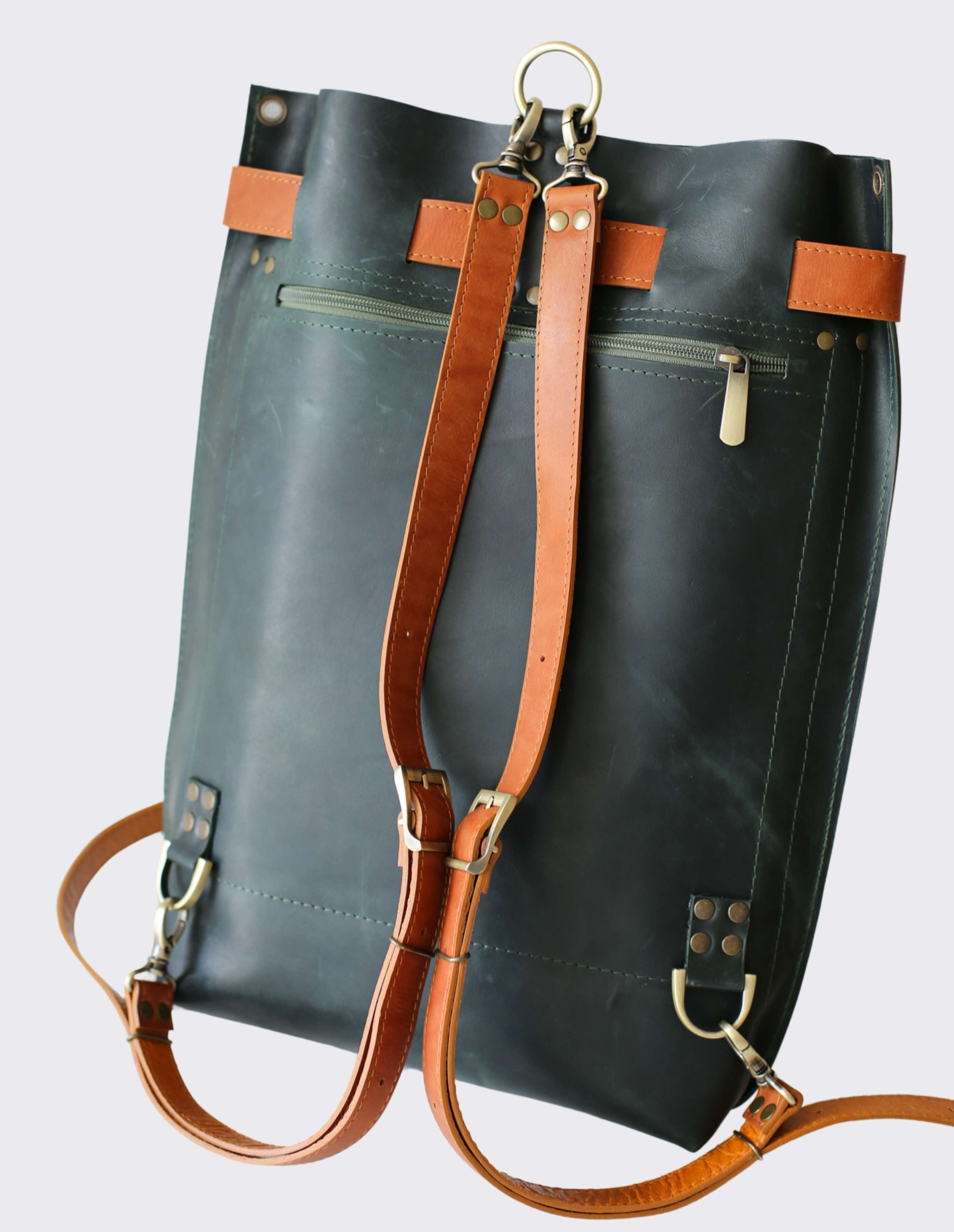 Green Large Leather Backpack Purse