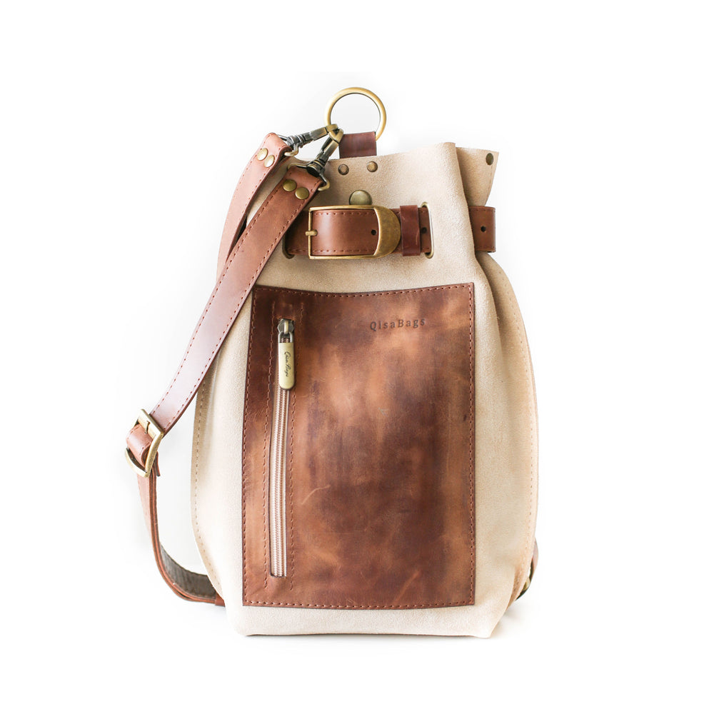 Matilda suede sling backpack in taupe