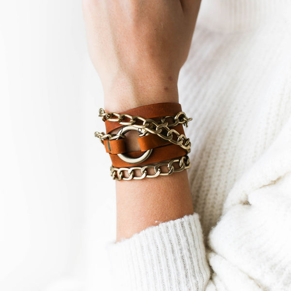 Ring Leather Bracelet with Chain