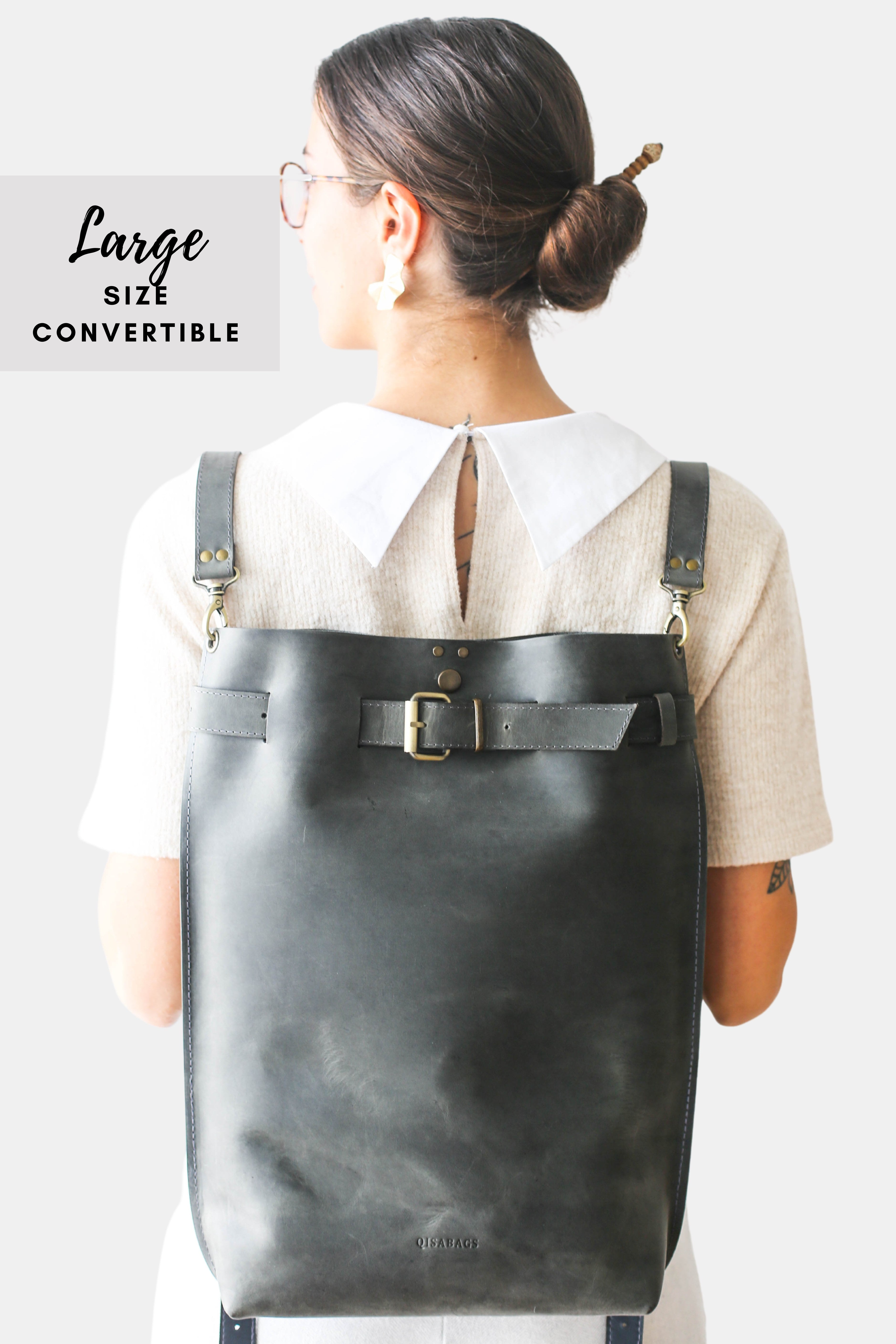 Gray leather backpack purse best sale