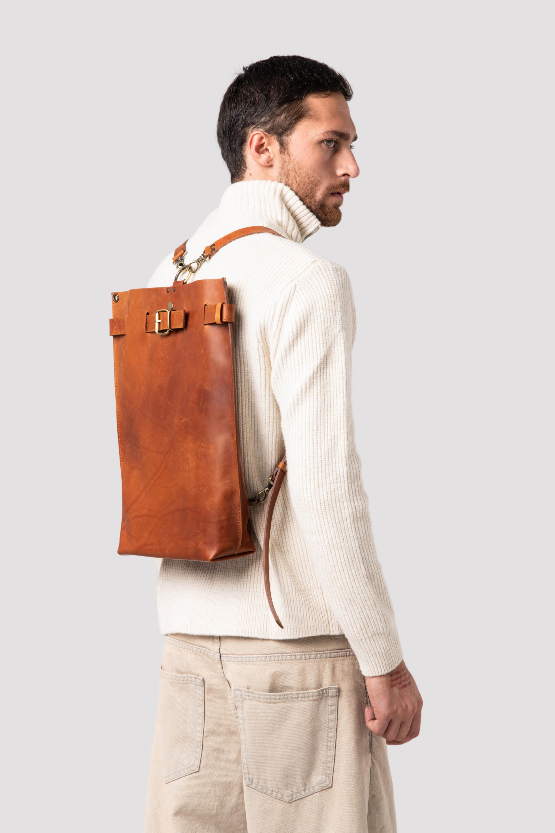 Brown leather backpack for men