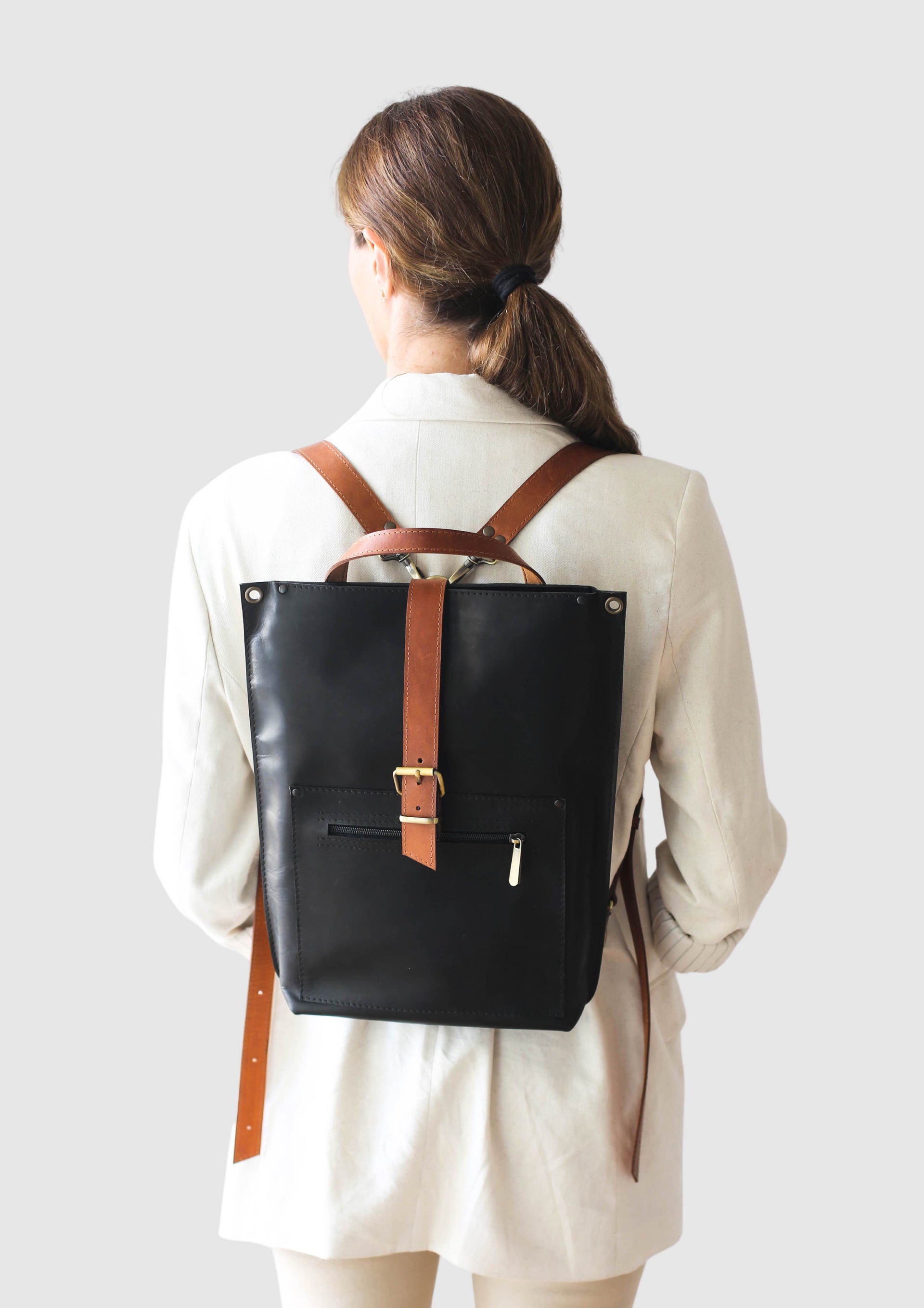 Black leather backpack for work