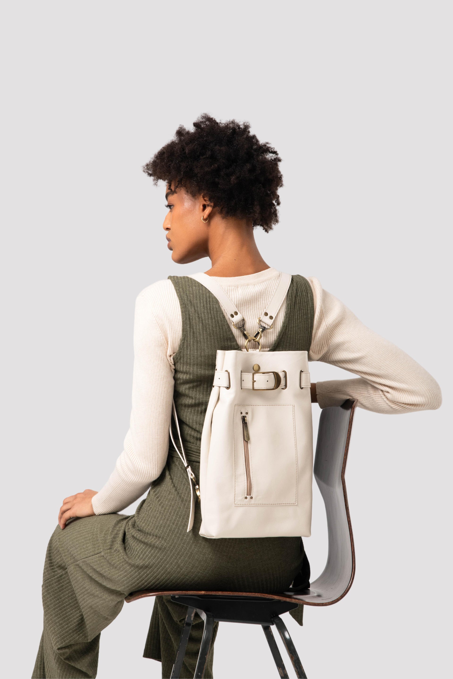 Beige leather backpack purse