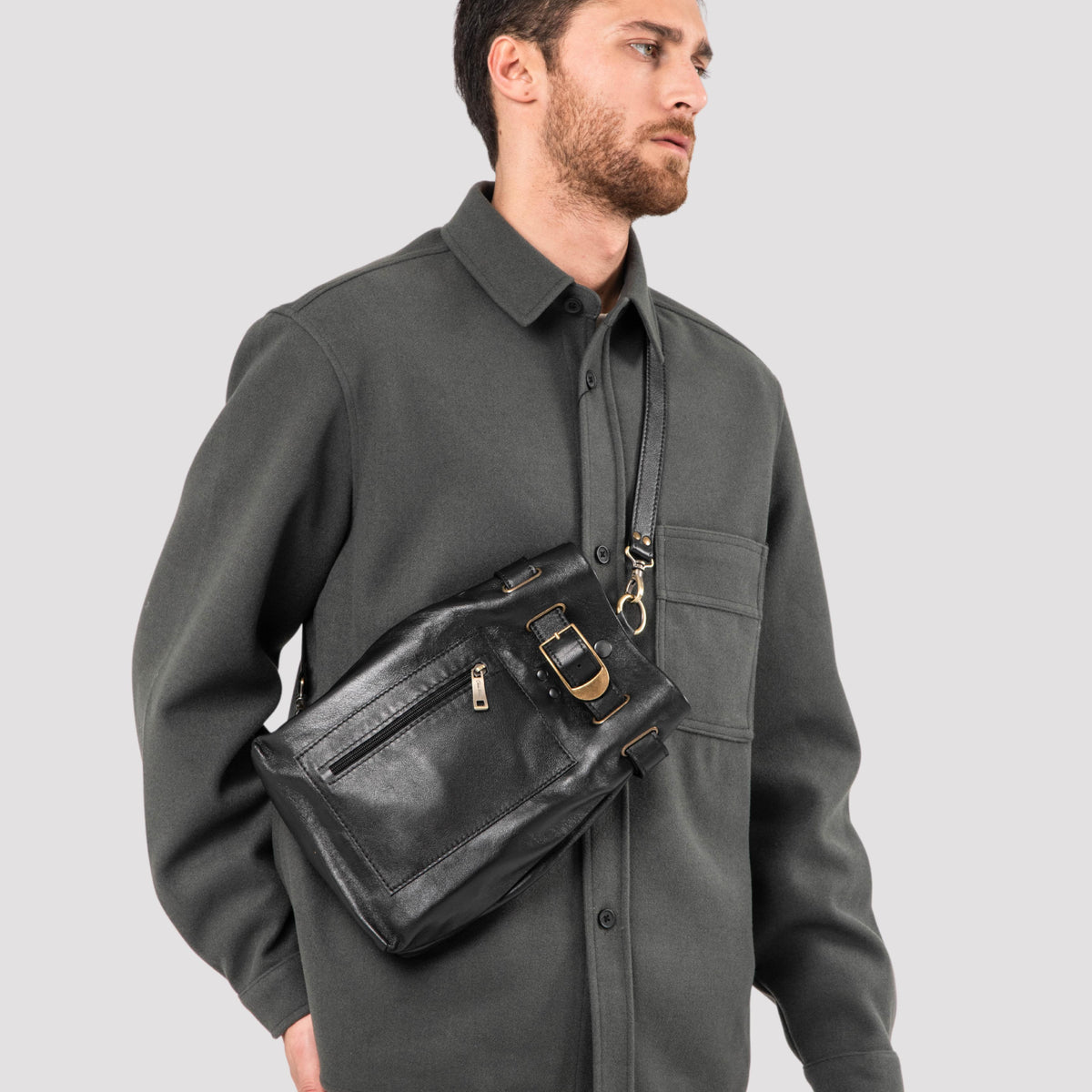 Men's Black Leather Sling Bag