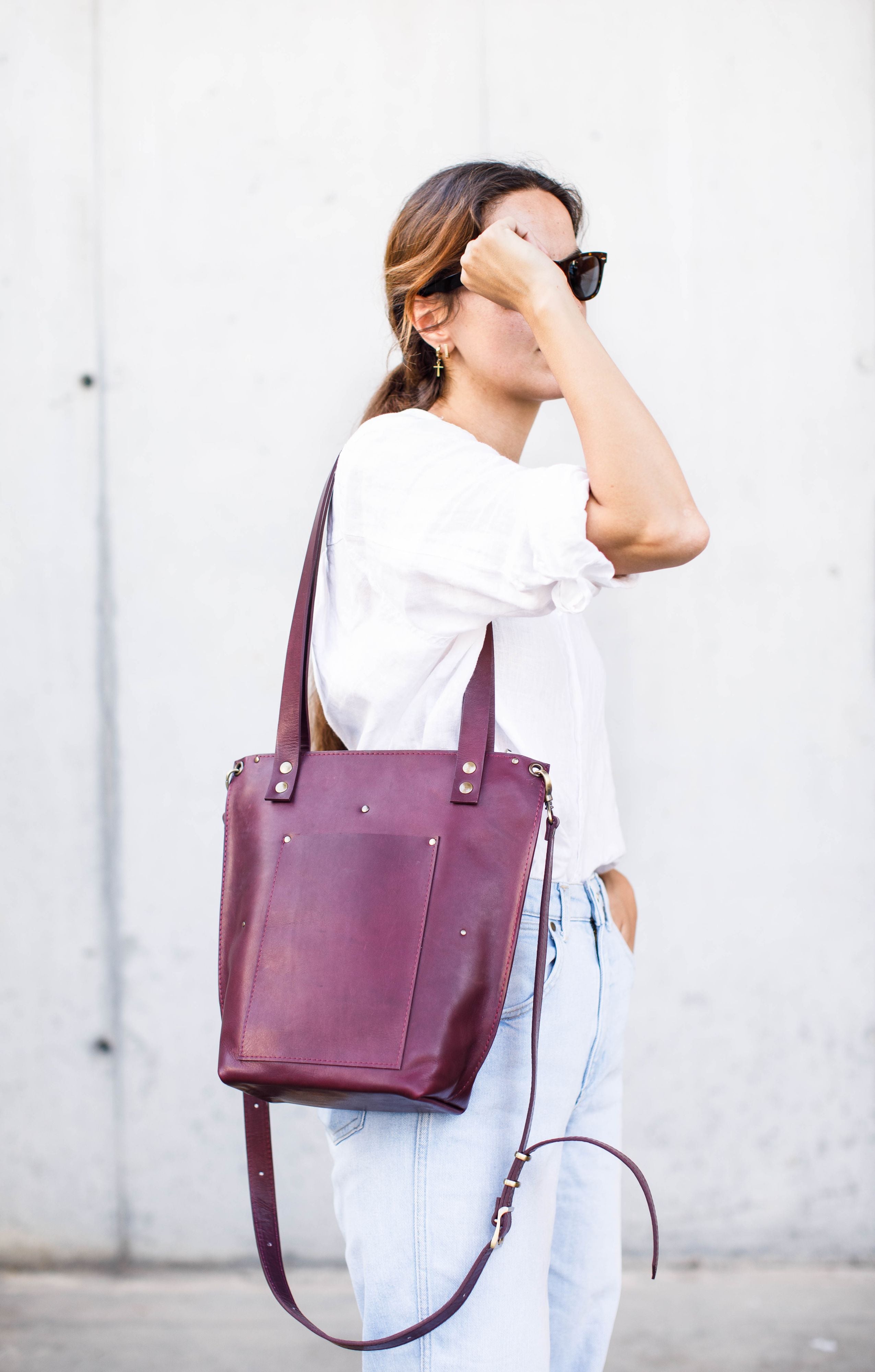 burgundy leather tote bag