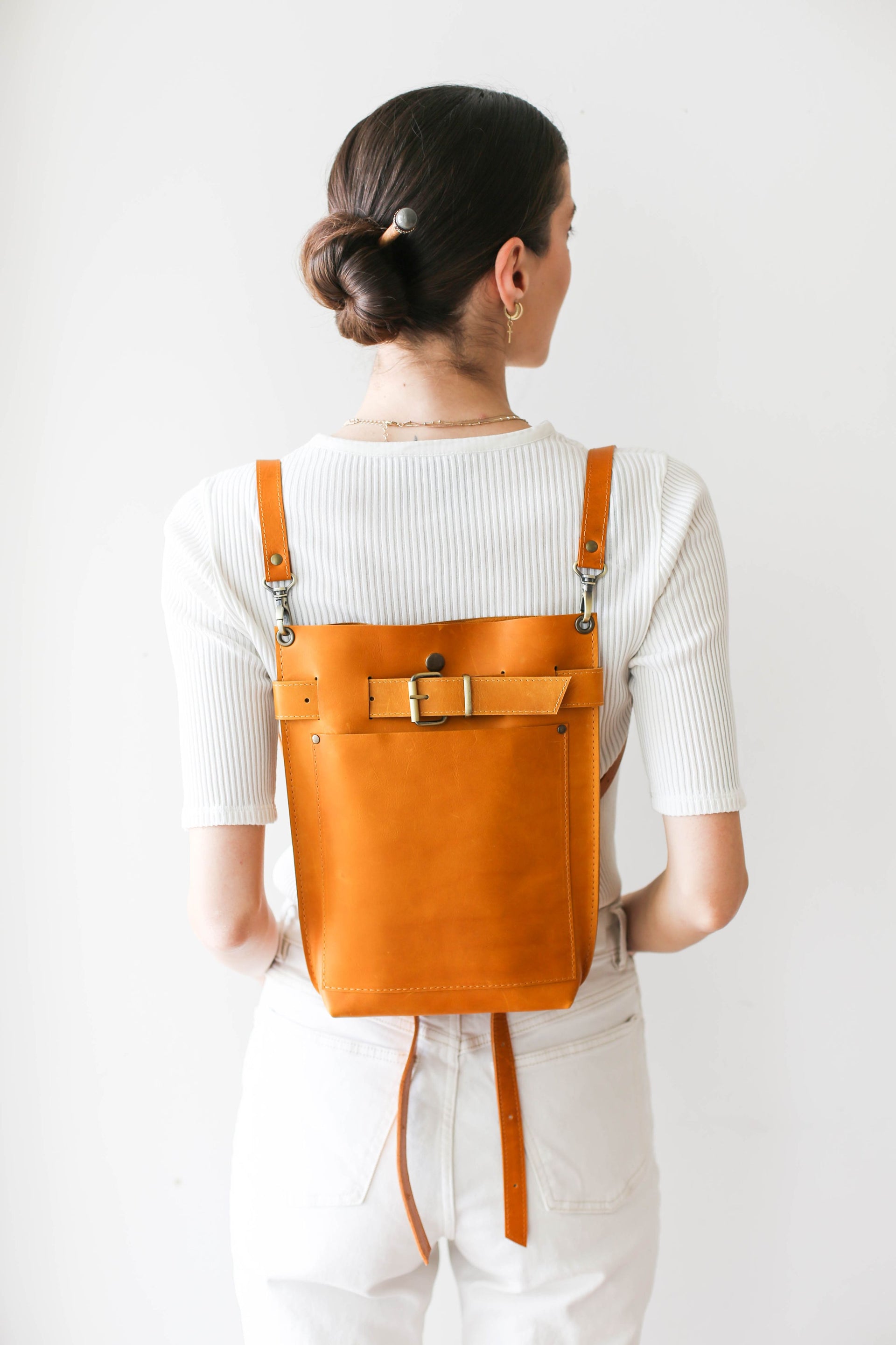 yellow leather backpack