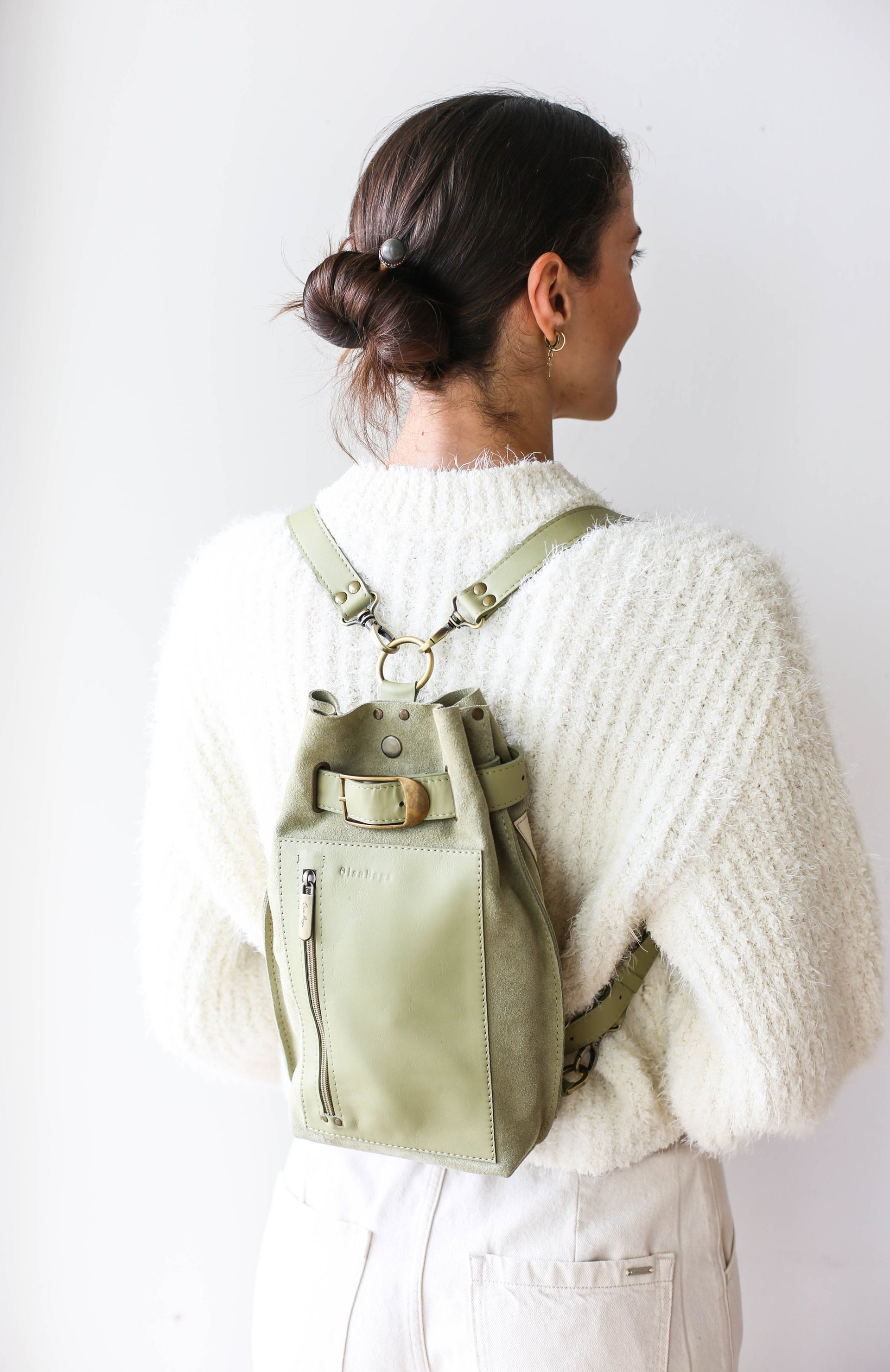 Green leather backpack
