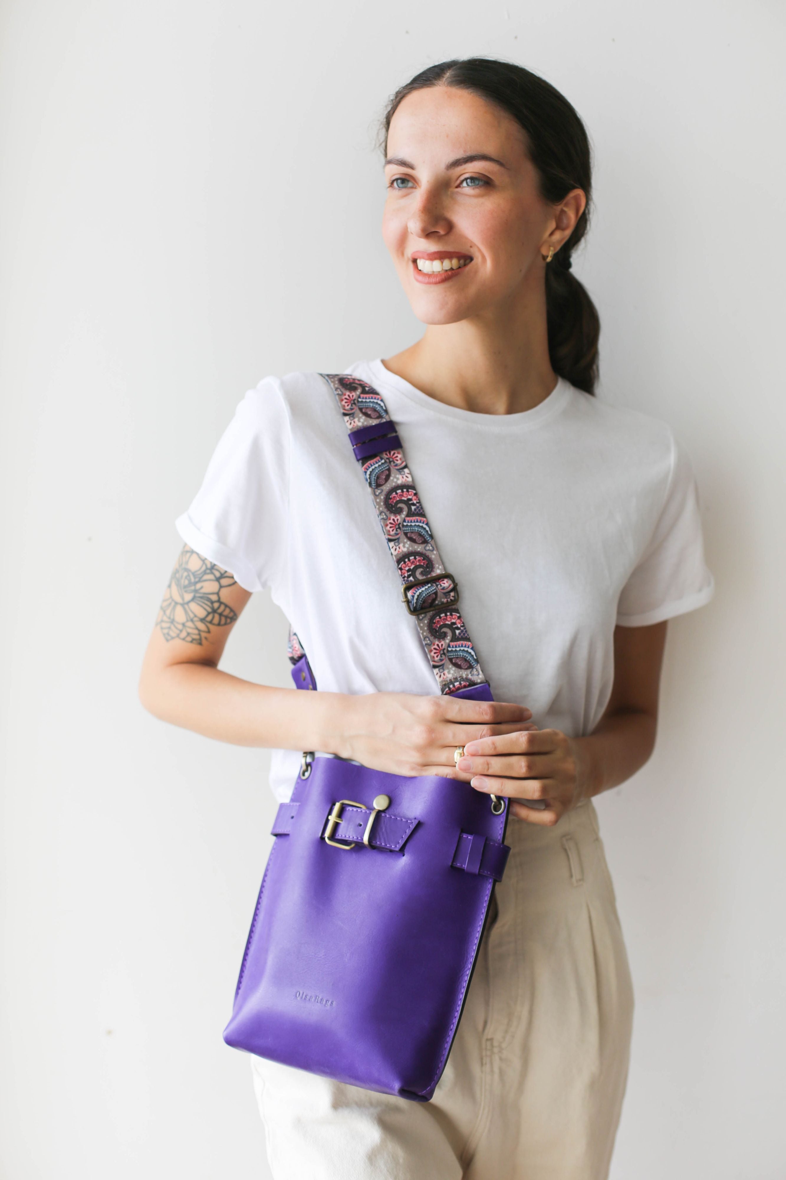 Leather purple crossbody purse bag 5 zippered pockets, fully adjustable  strap