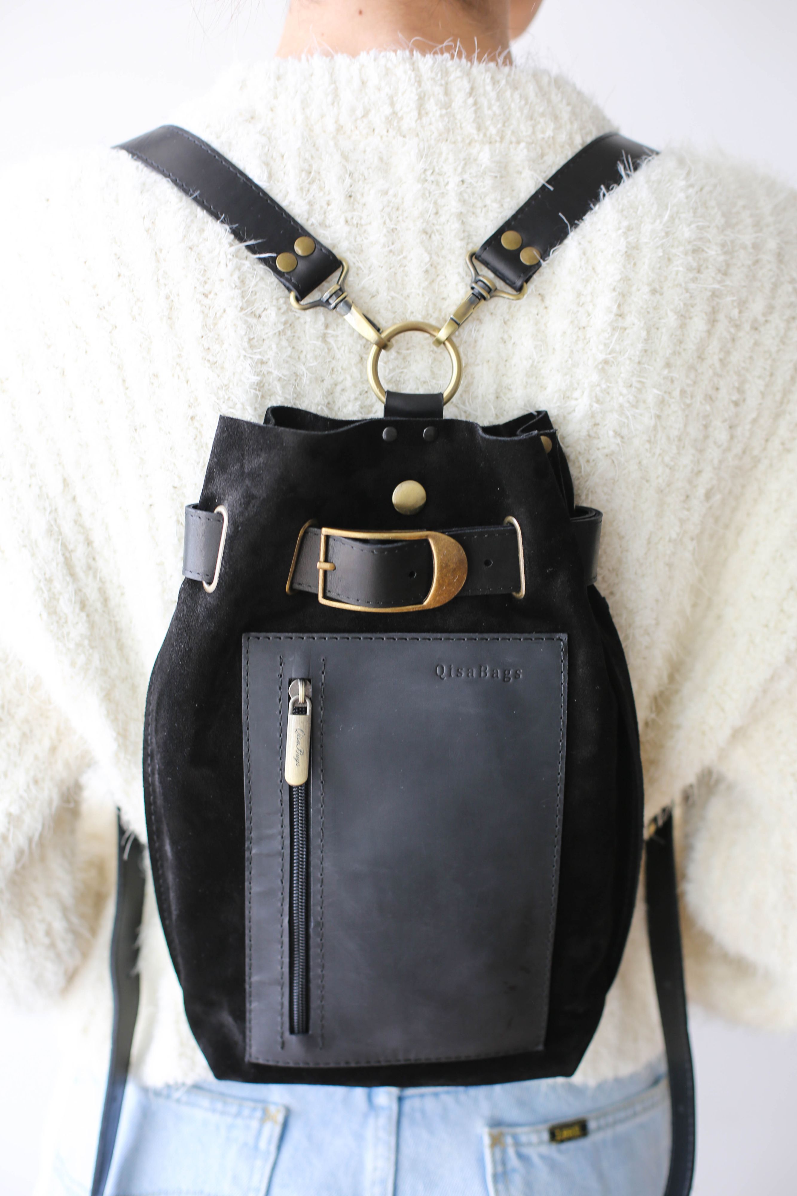 Black suede online backpack