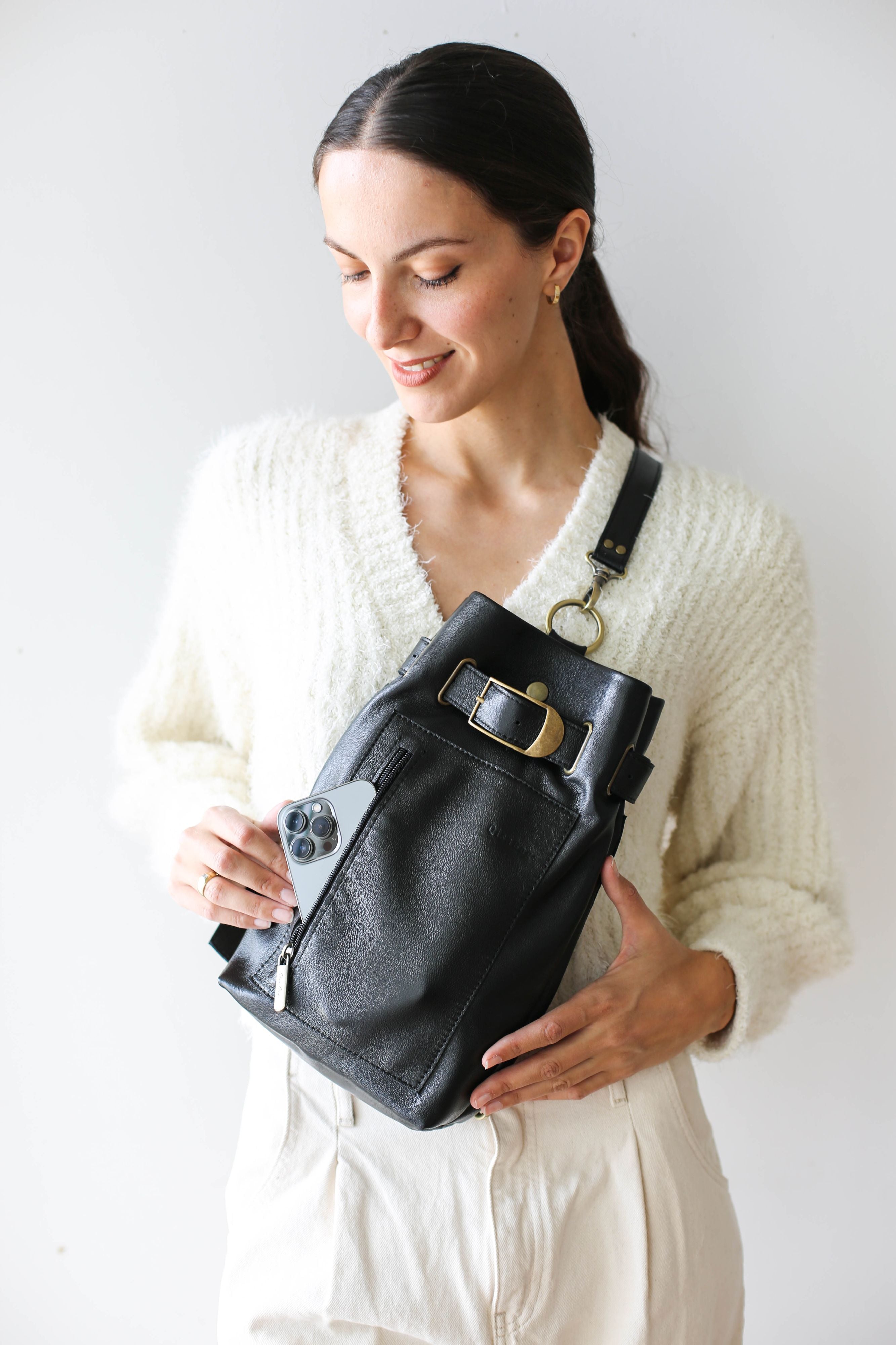 Black Leather Shoulder Bag | Leather Sling Bag - Qisabags