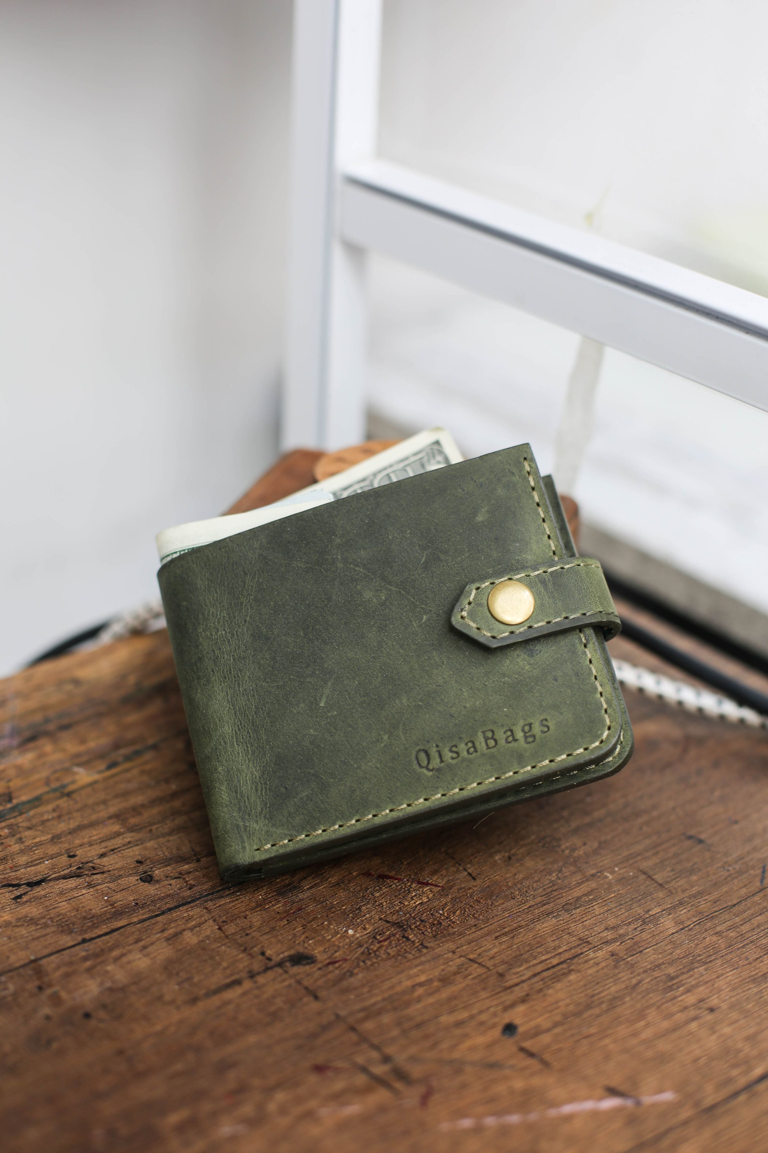 Leather Bifold Wallet - Khaki Green