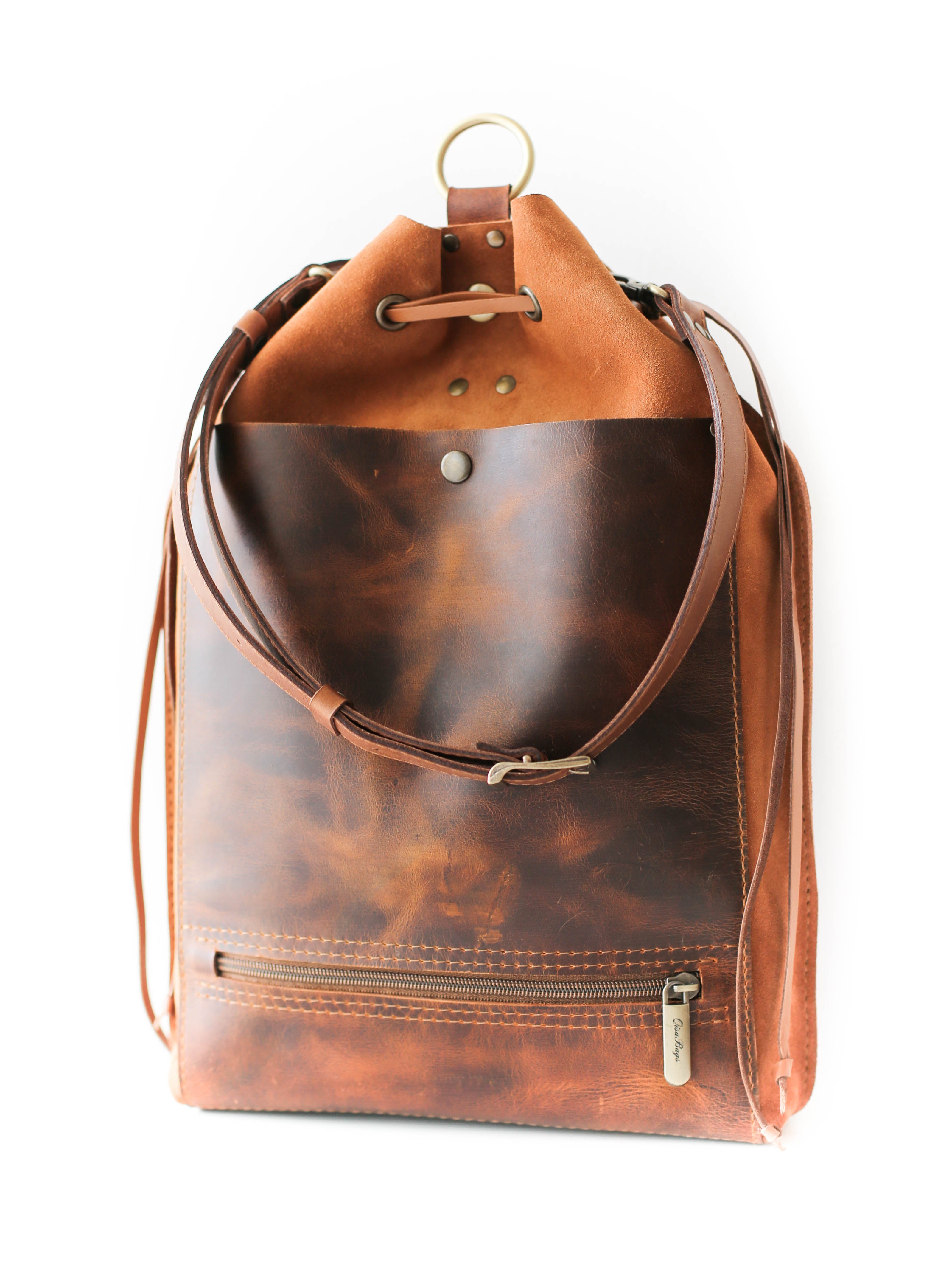 brown leather bucket bag