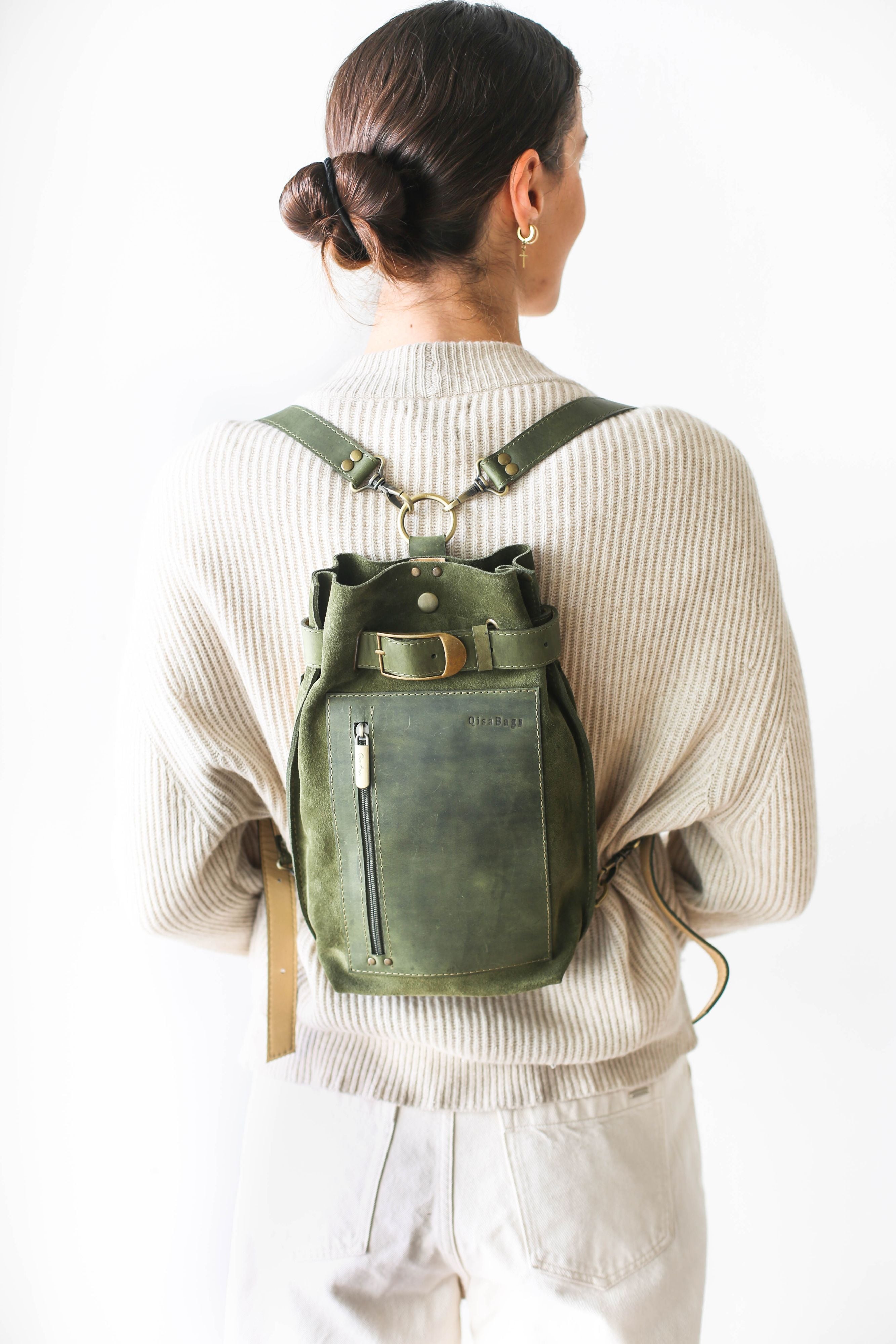 Green Suede Sling Backpack