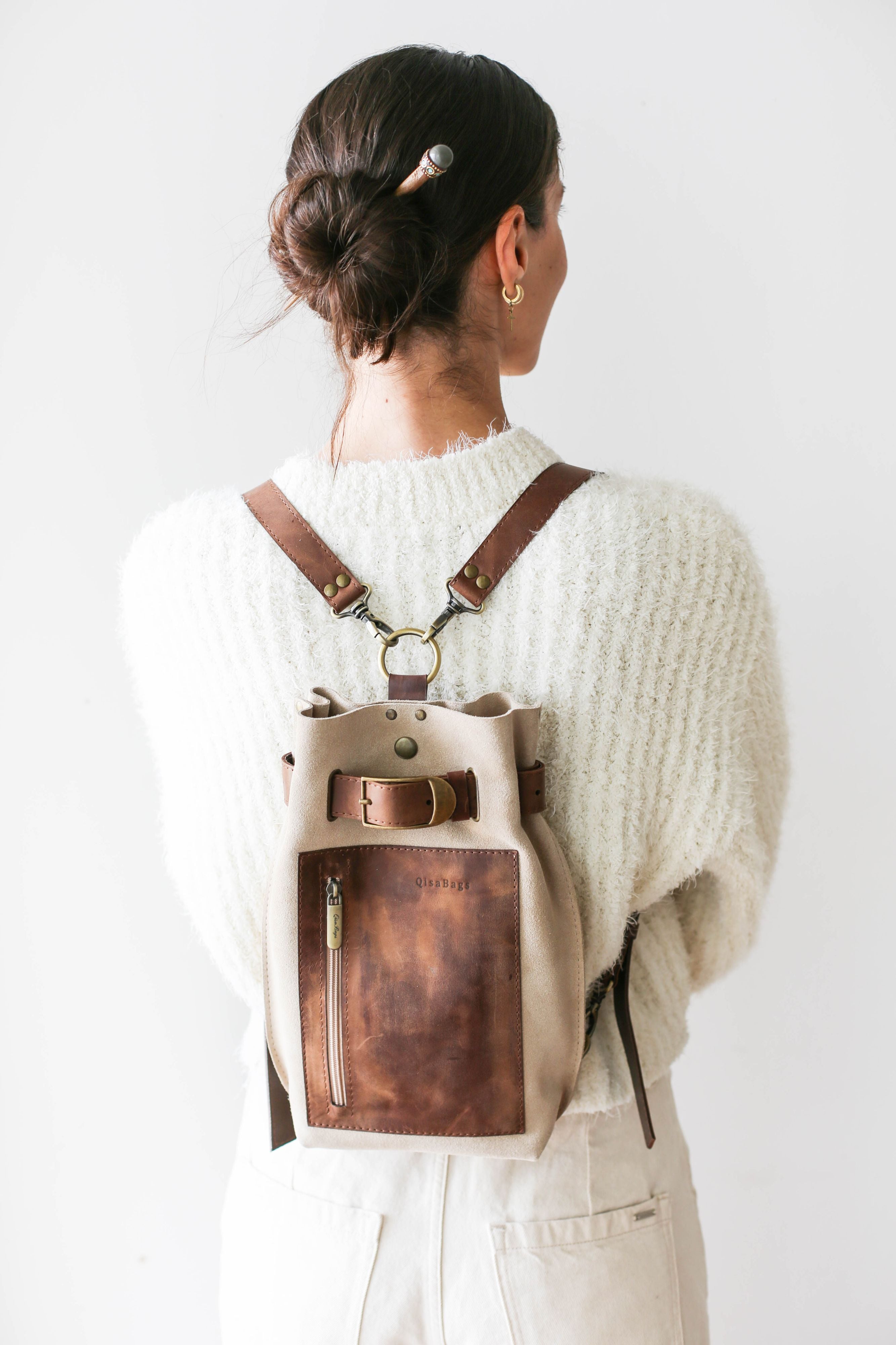 beige leather backpack