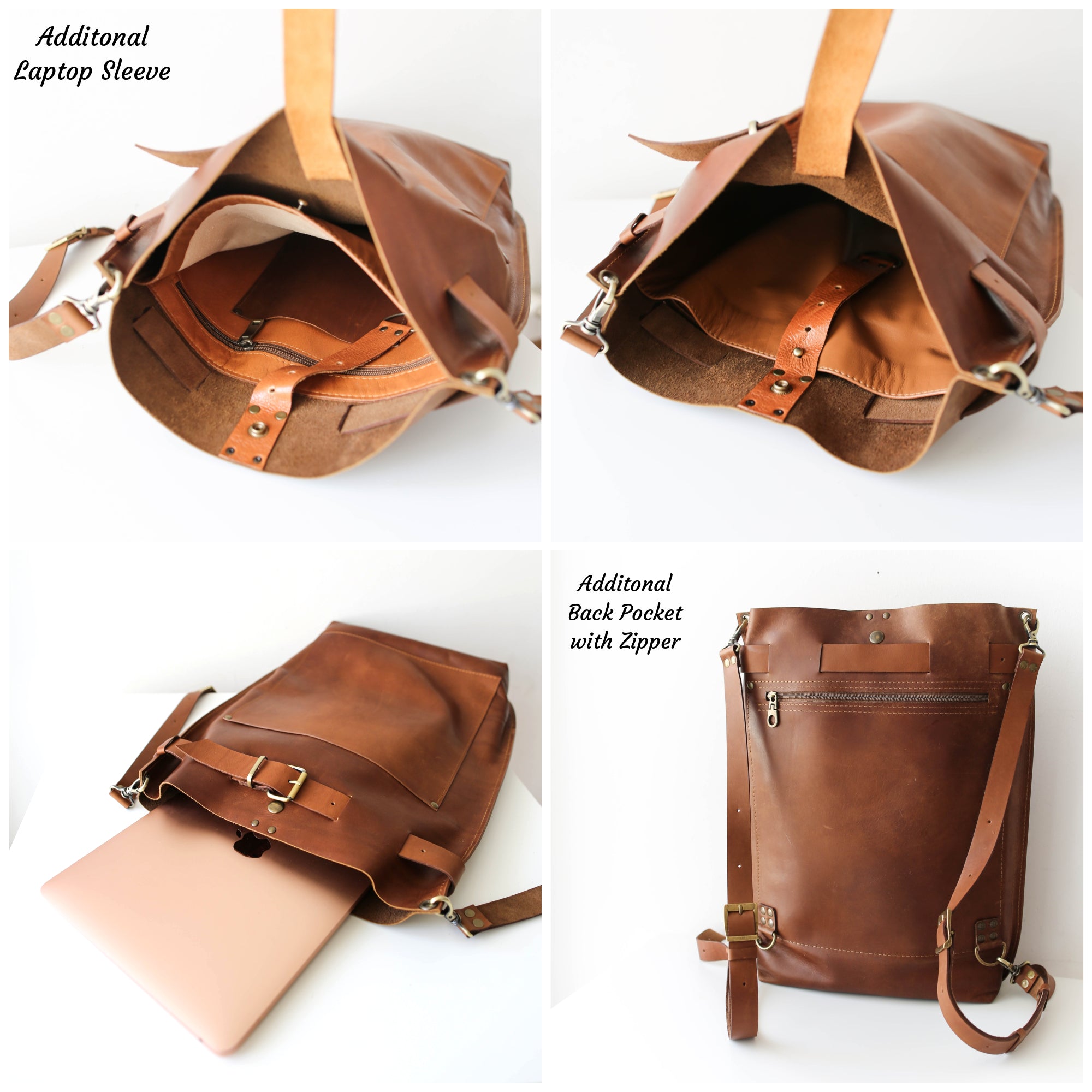 Brown Large Leather Backpack w/Front Zipper Pocket