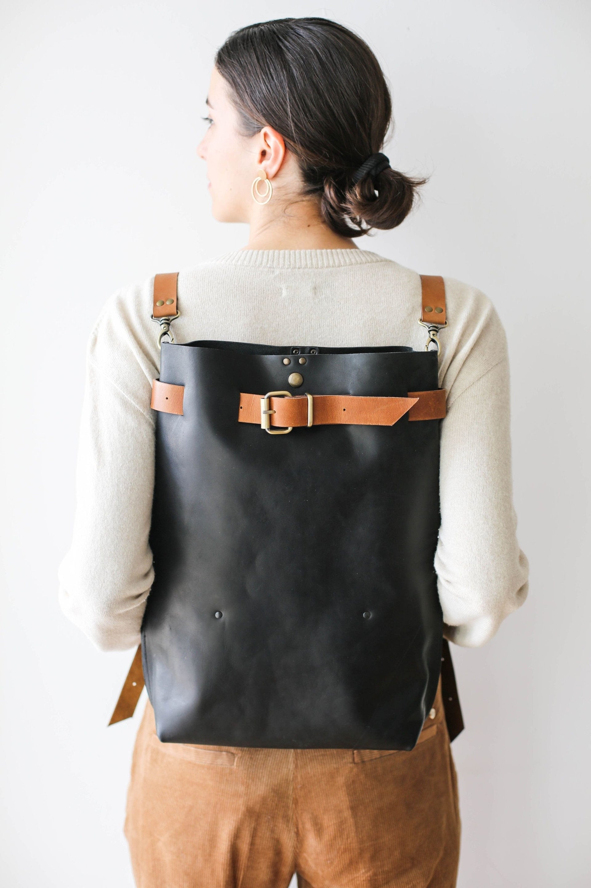 Black leather laptop backpack for women