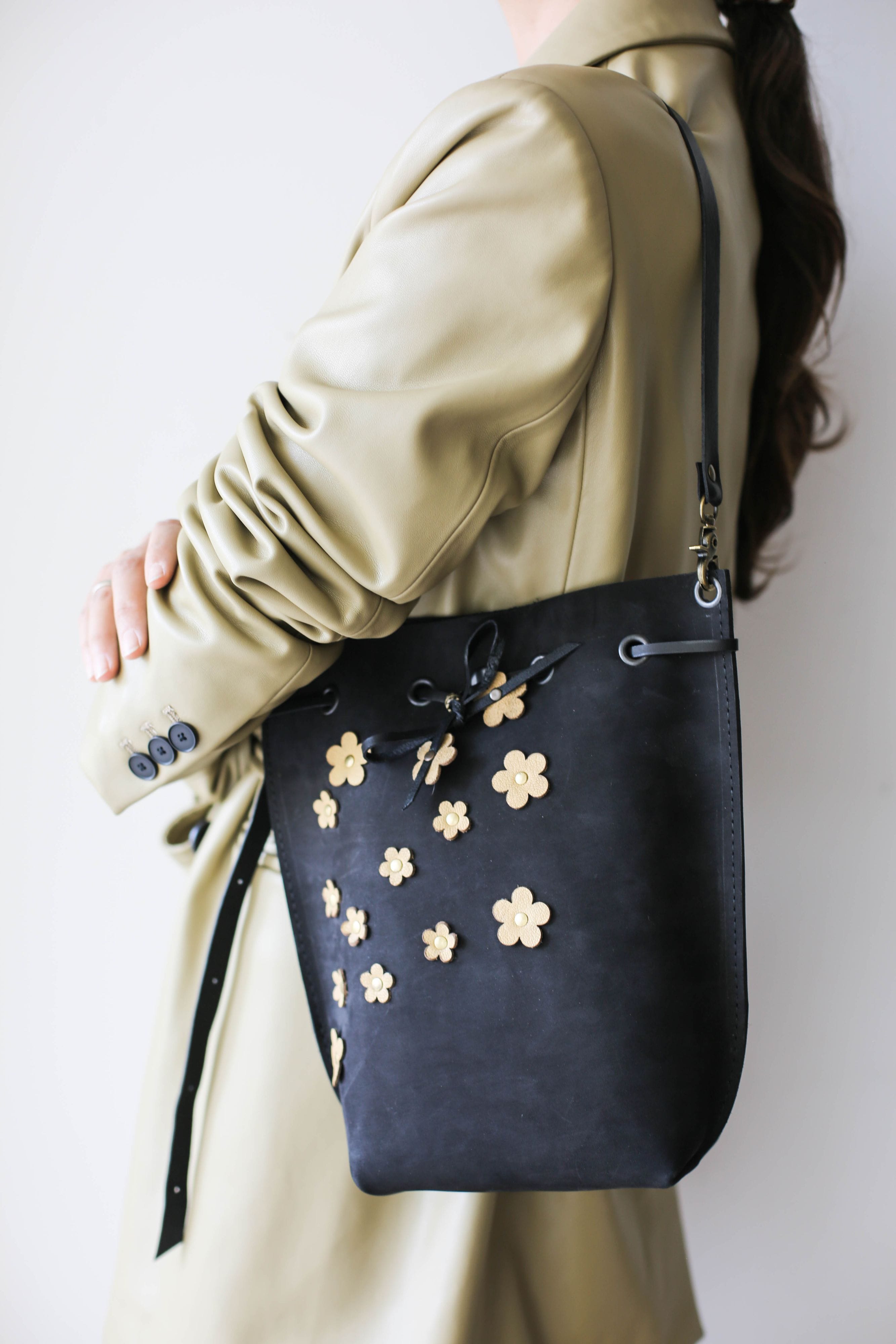 black leather bucket bag