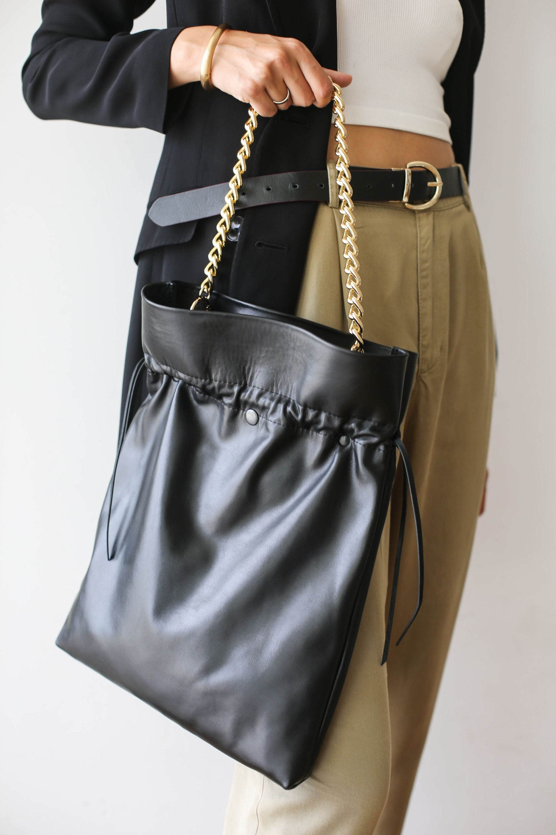 Black Leather Drawstring Backpack
