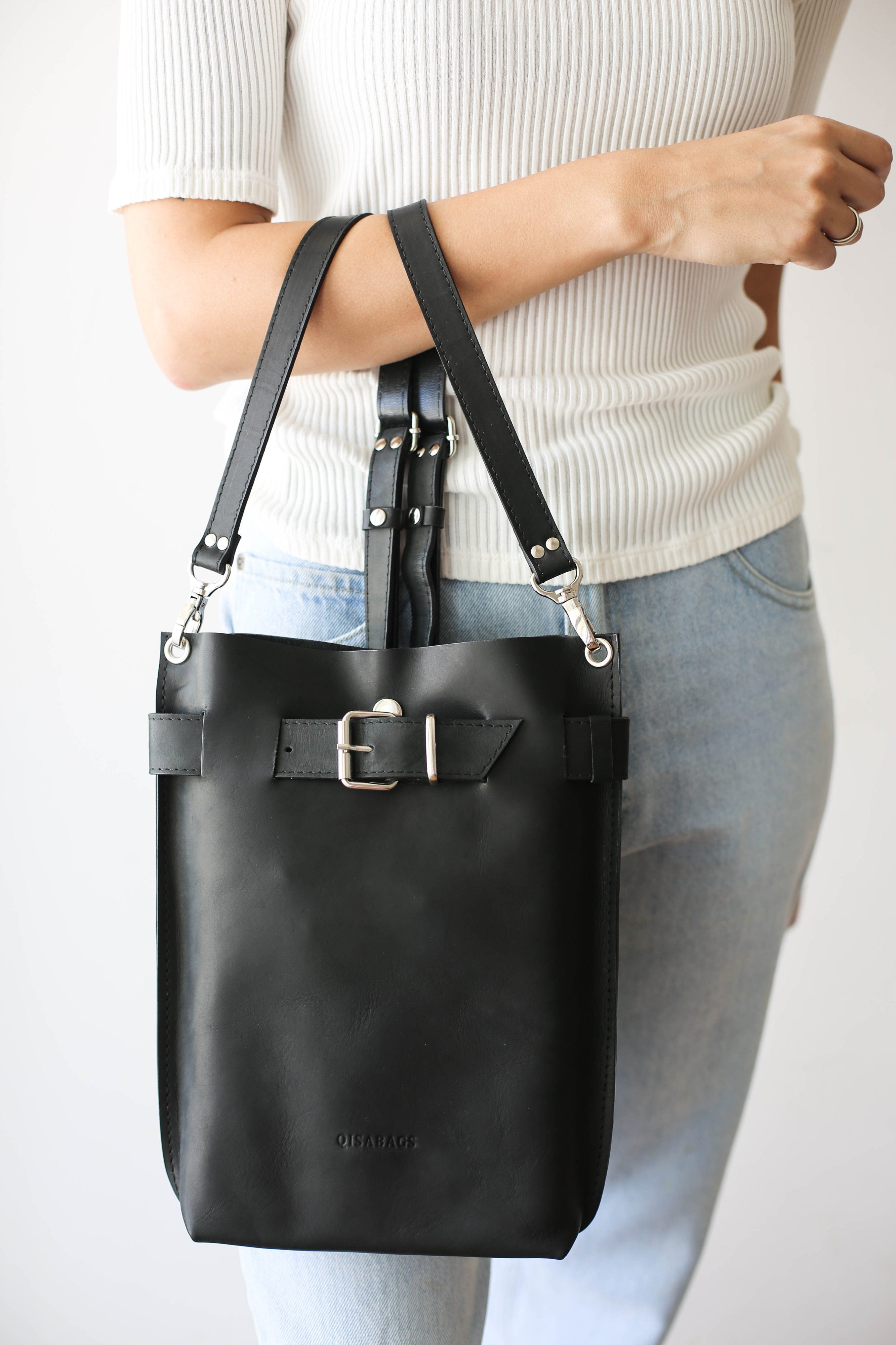 Black Leather Bag with Silver Hardware