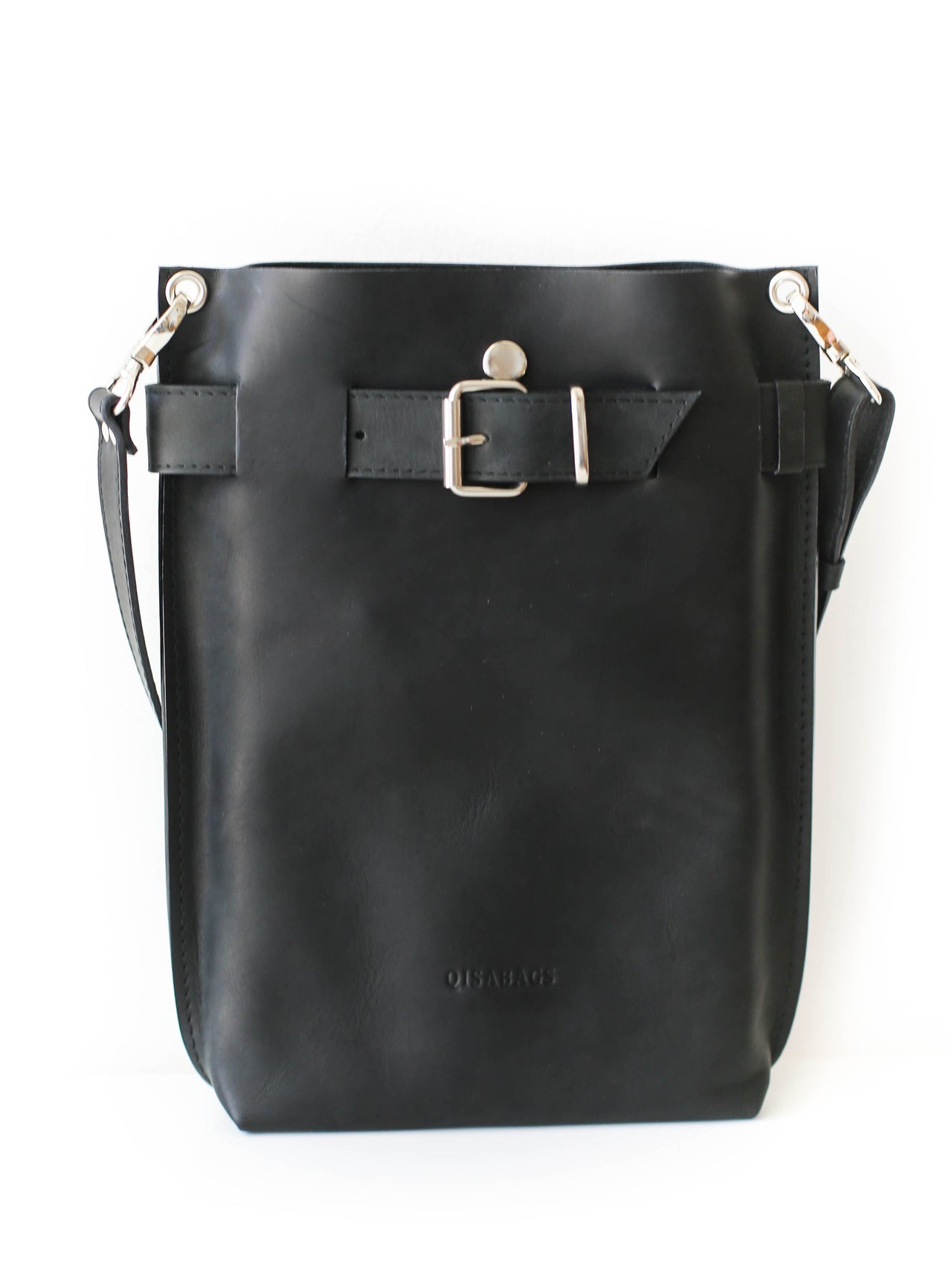 black leather purse with silver hardware
