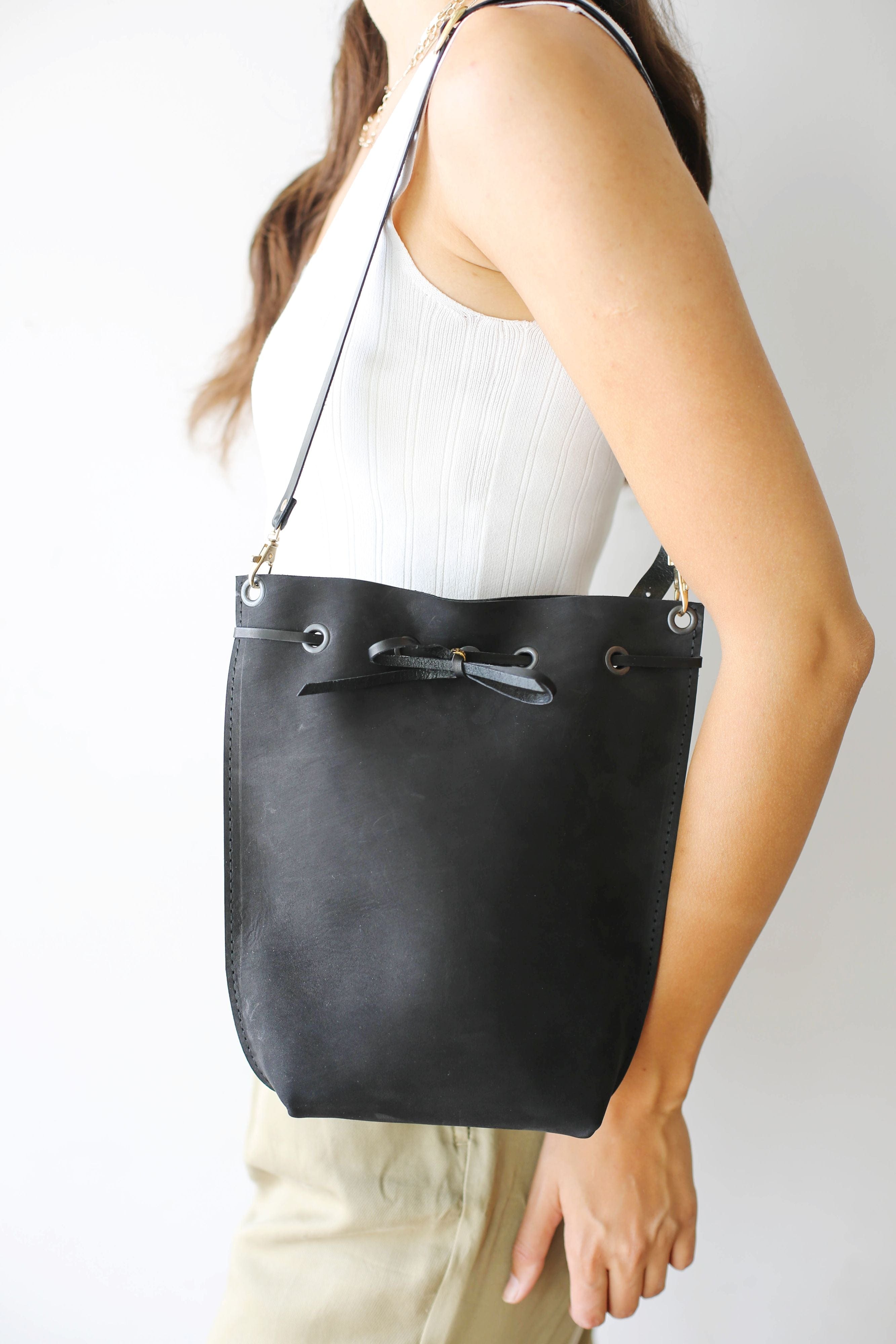 Black Leather Bucket Bag