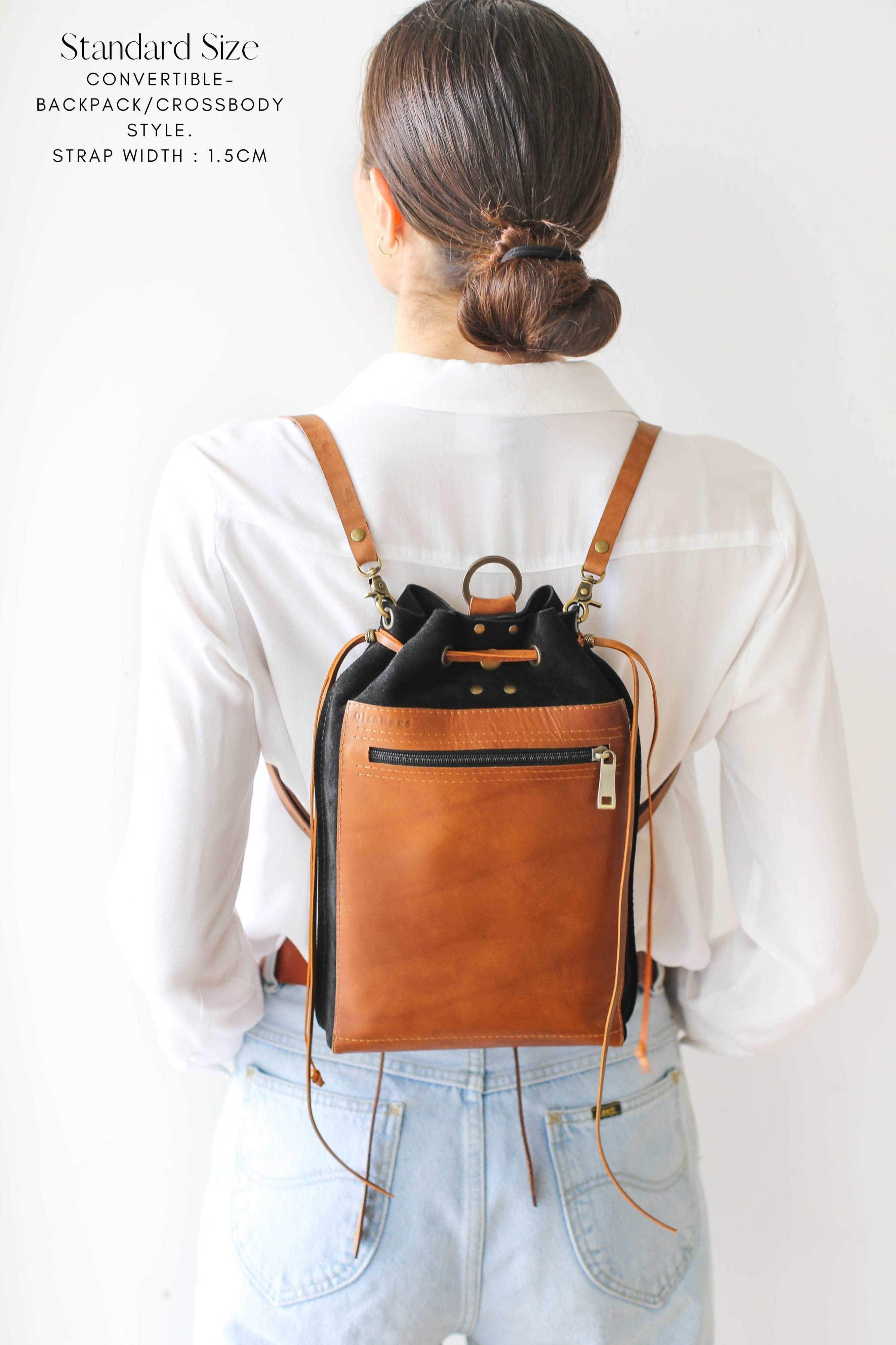 Black leather backpack for women