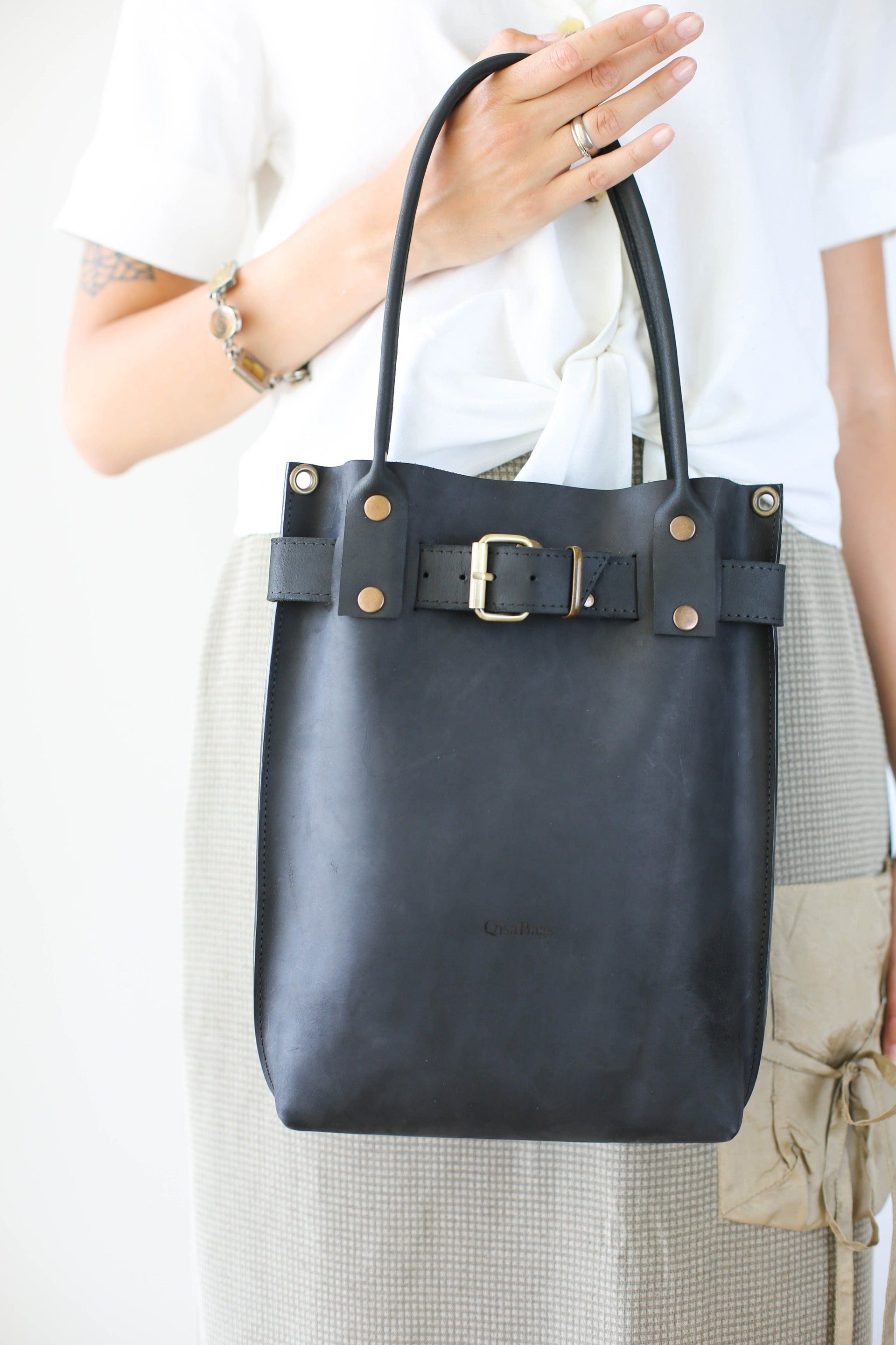 Black Leather Handbag - Black Leather Purse - Qisabags