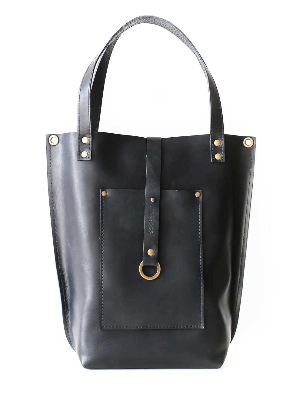 Black leather tote bag handmade by Qisa