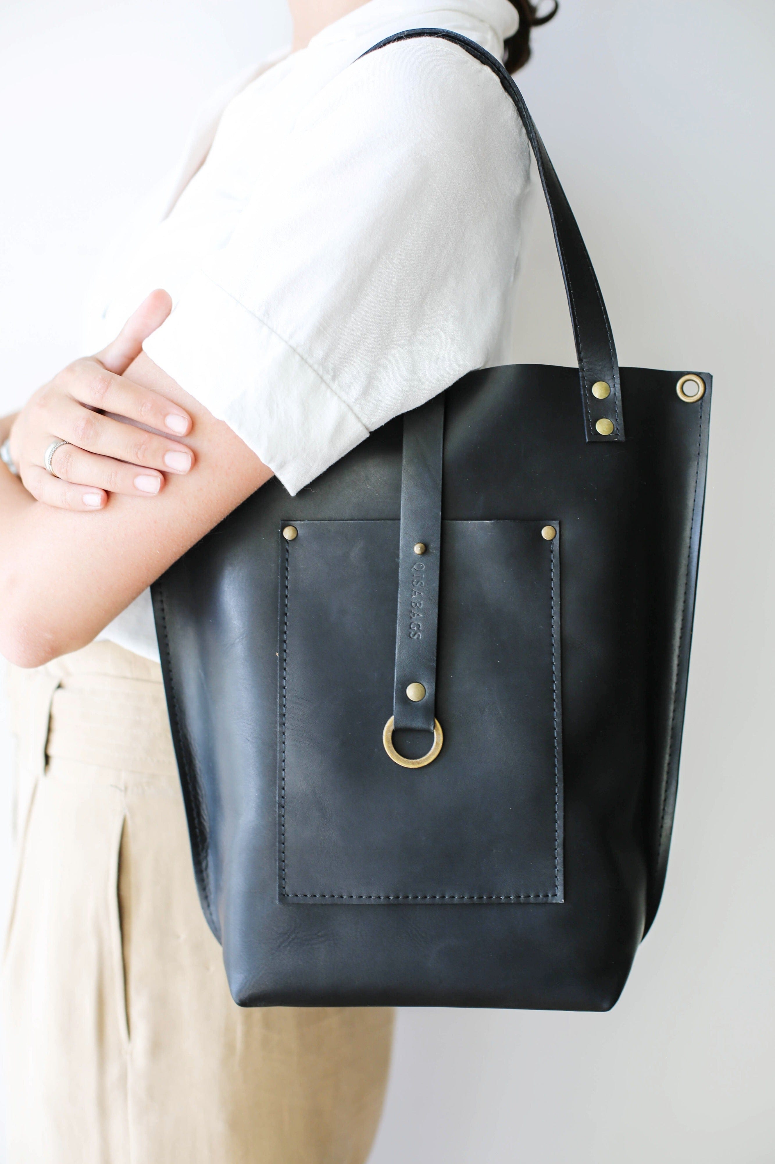 black leather handbag